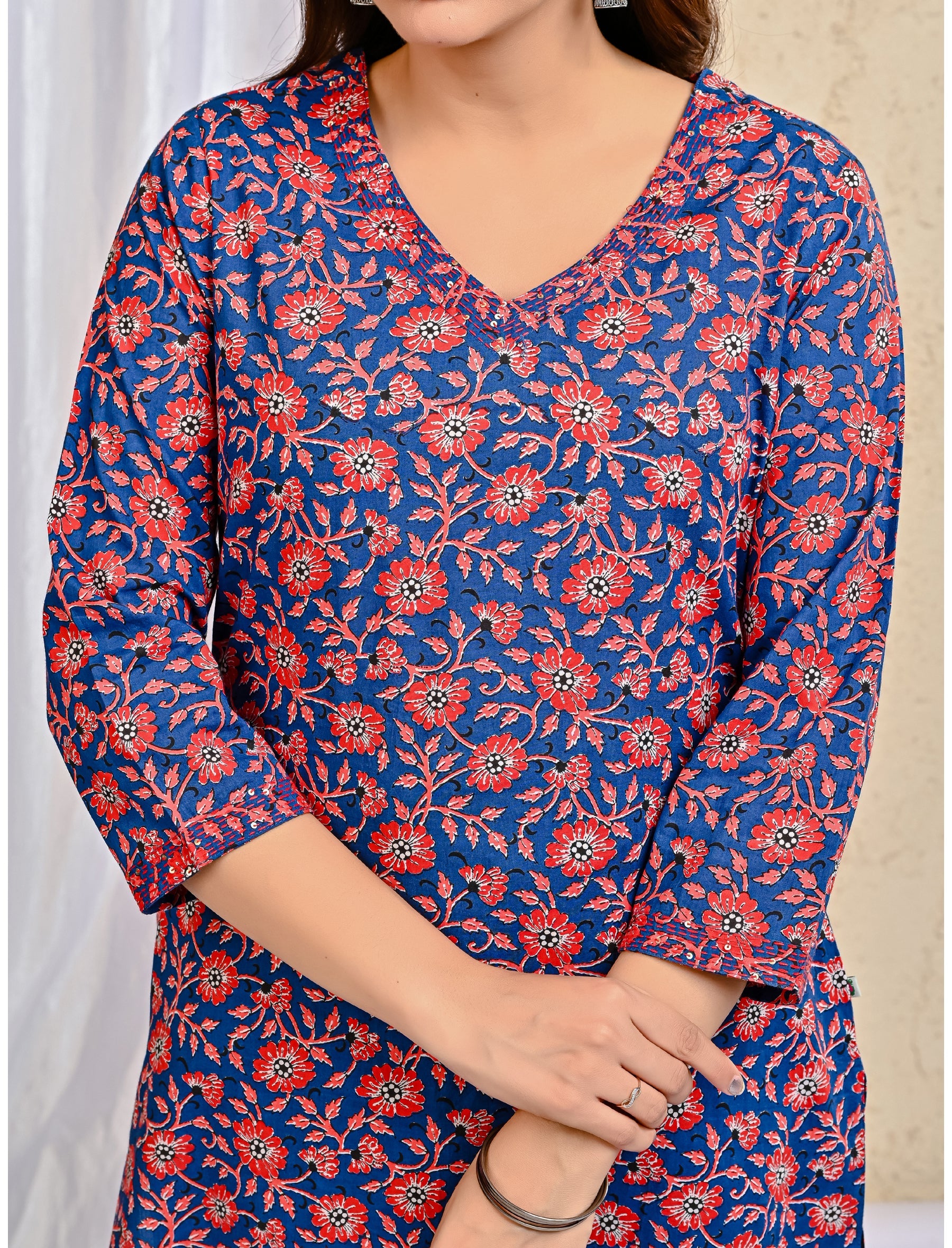 Blue Jaal Block Printed Cotton Kurta Pant Set With Mulmul Dupatta