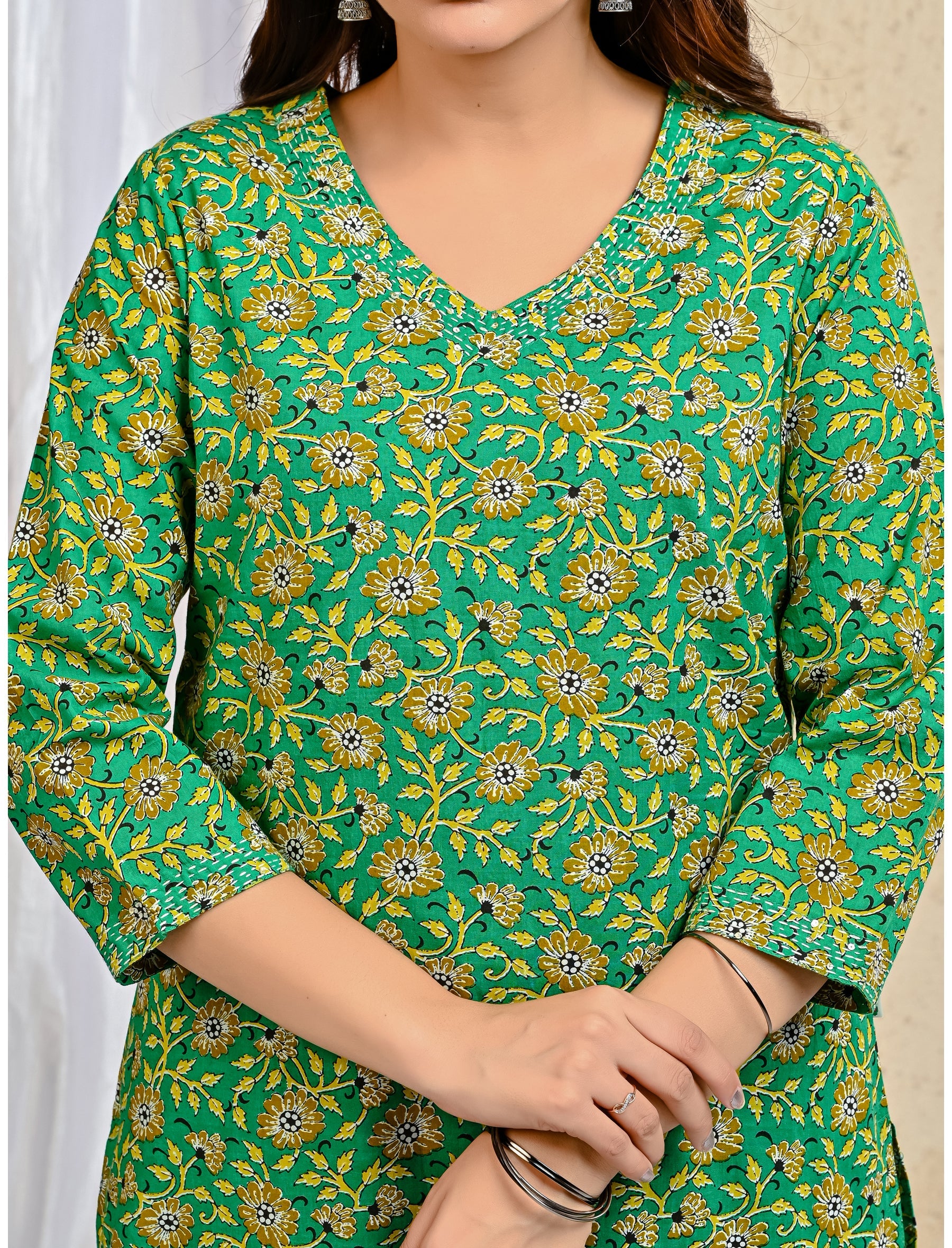 Green Block Printed Cotton Kurta Pant Set With Mulmul Dupatta