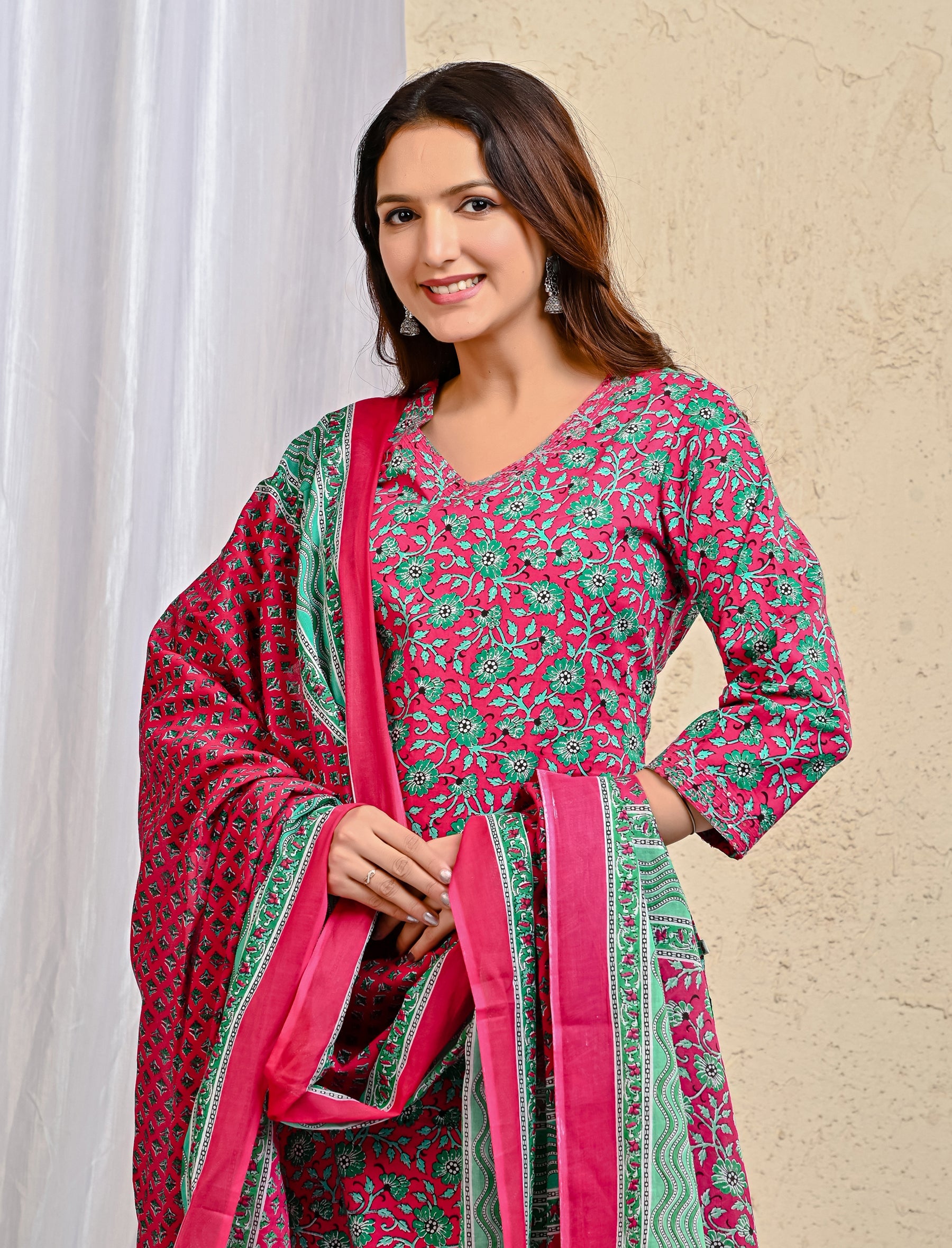 Pink Jaal Block Printed Cotton Kurta Pant Set With Mulmul Dupatta
