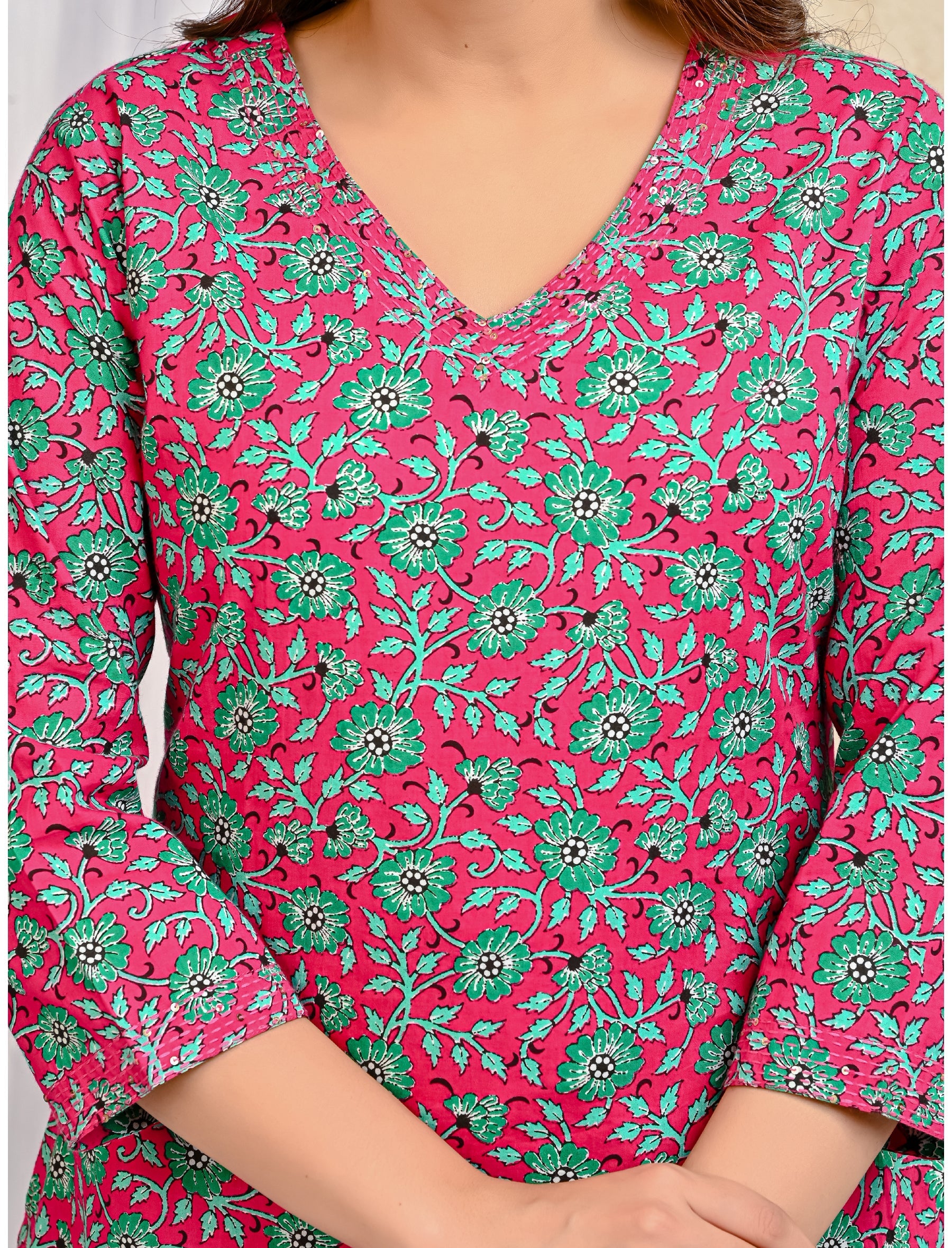 Pink Jaal Block Printed Cotton Kurta Pant Set With Mulmul Dupatta