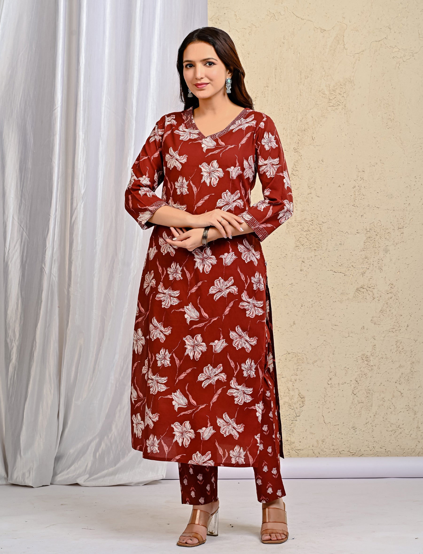 Maroon Block Printed Cotton Kurta Pant Set With Mulmul Dupatta