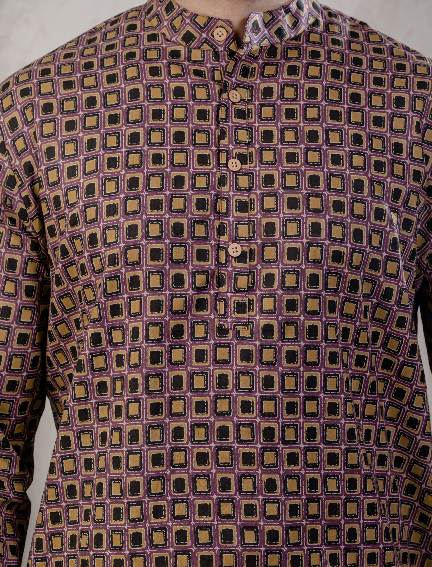 Cotton Printed Full Sleeves Short Kurta For Men