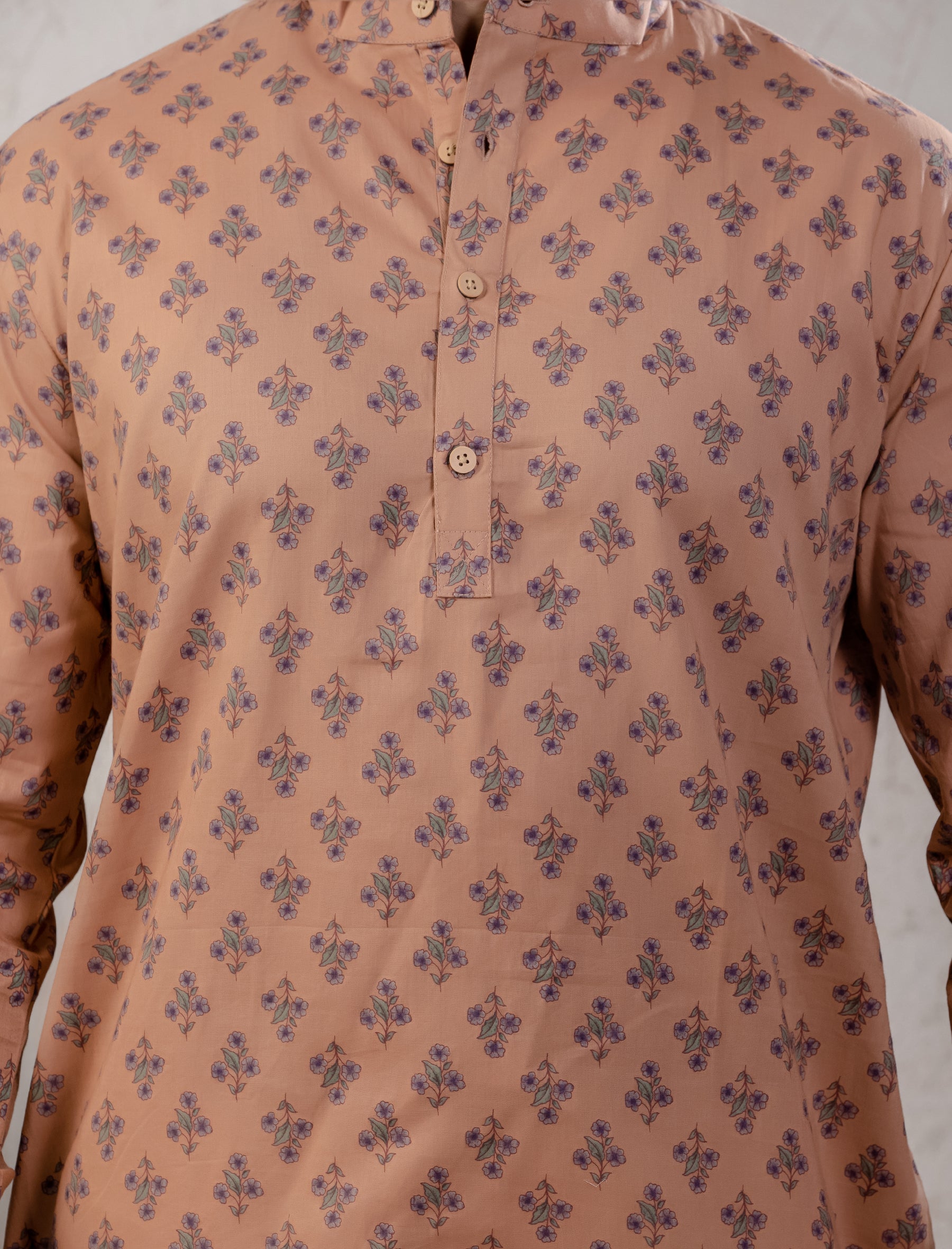 Cotton Printed Full Sleeves Short Kurta For Men