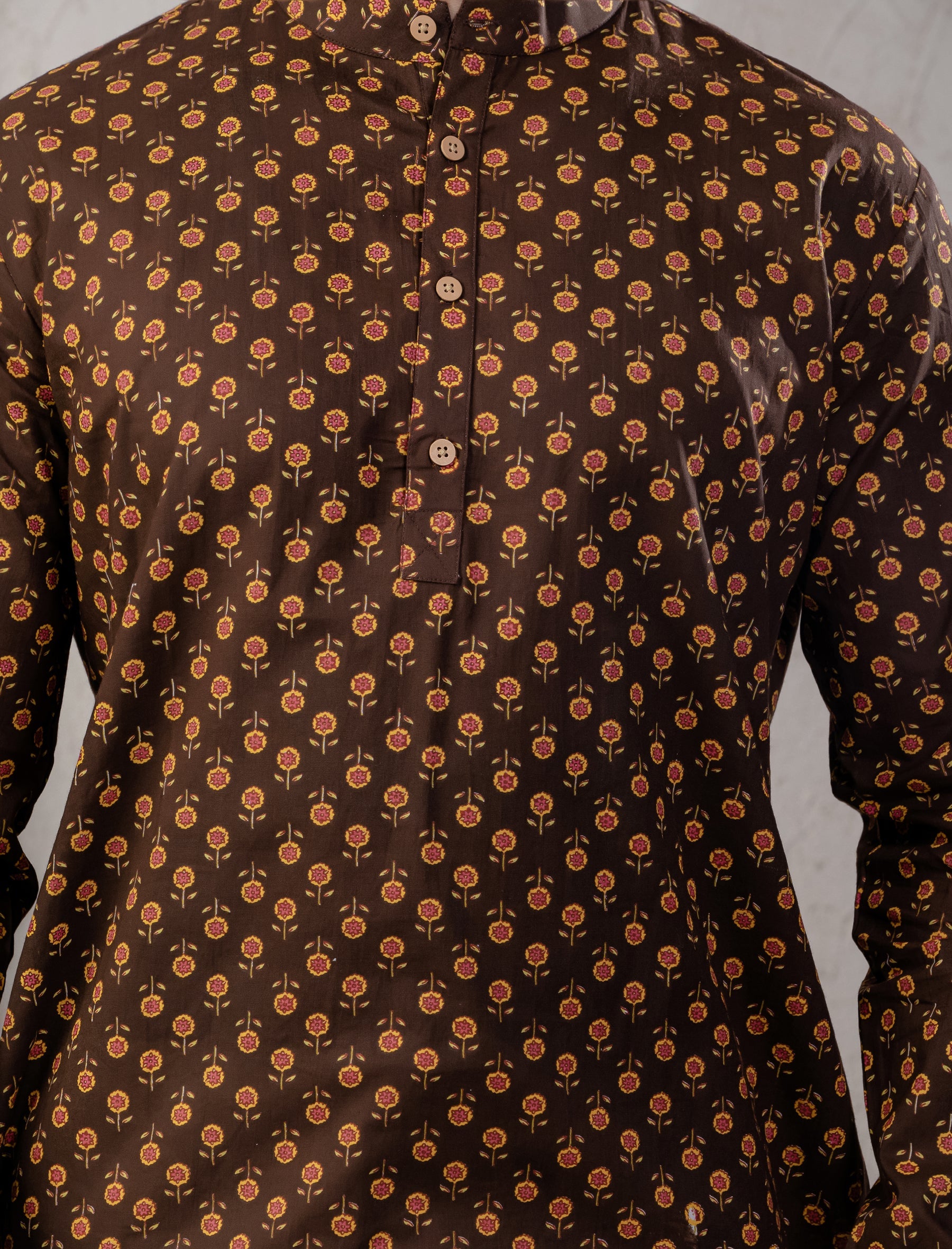 Cotton Printed Full Sleeves Short Kurta For Men