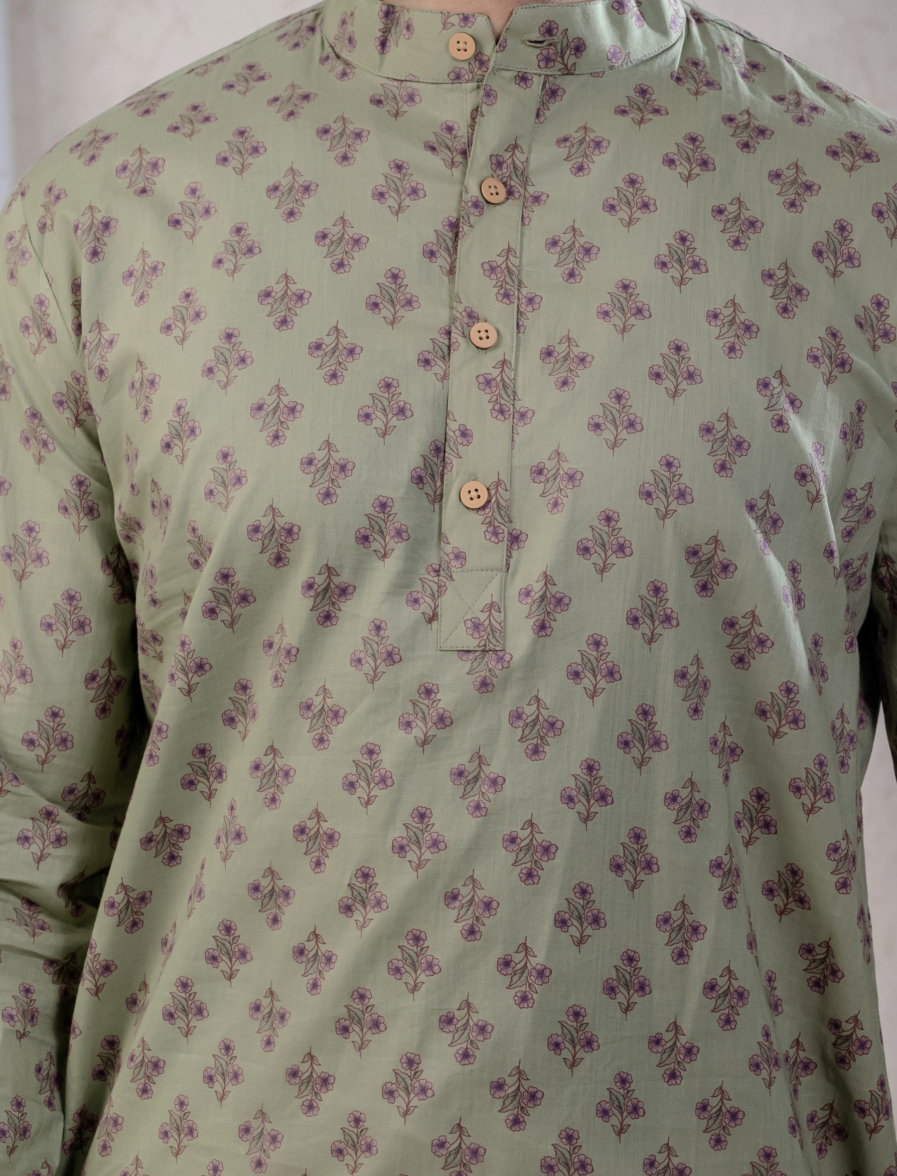 Cotton Printed Full Sleeves Short Kurta For Men