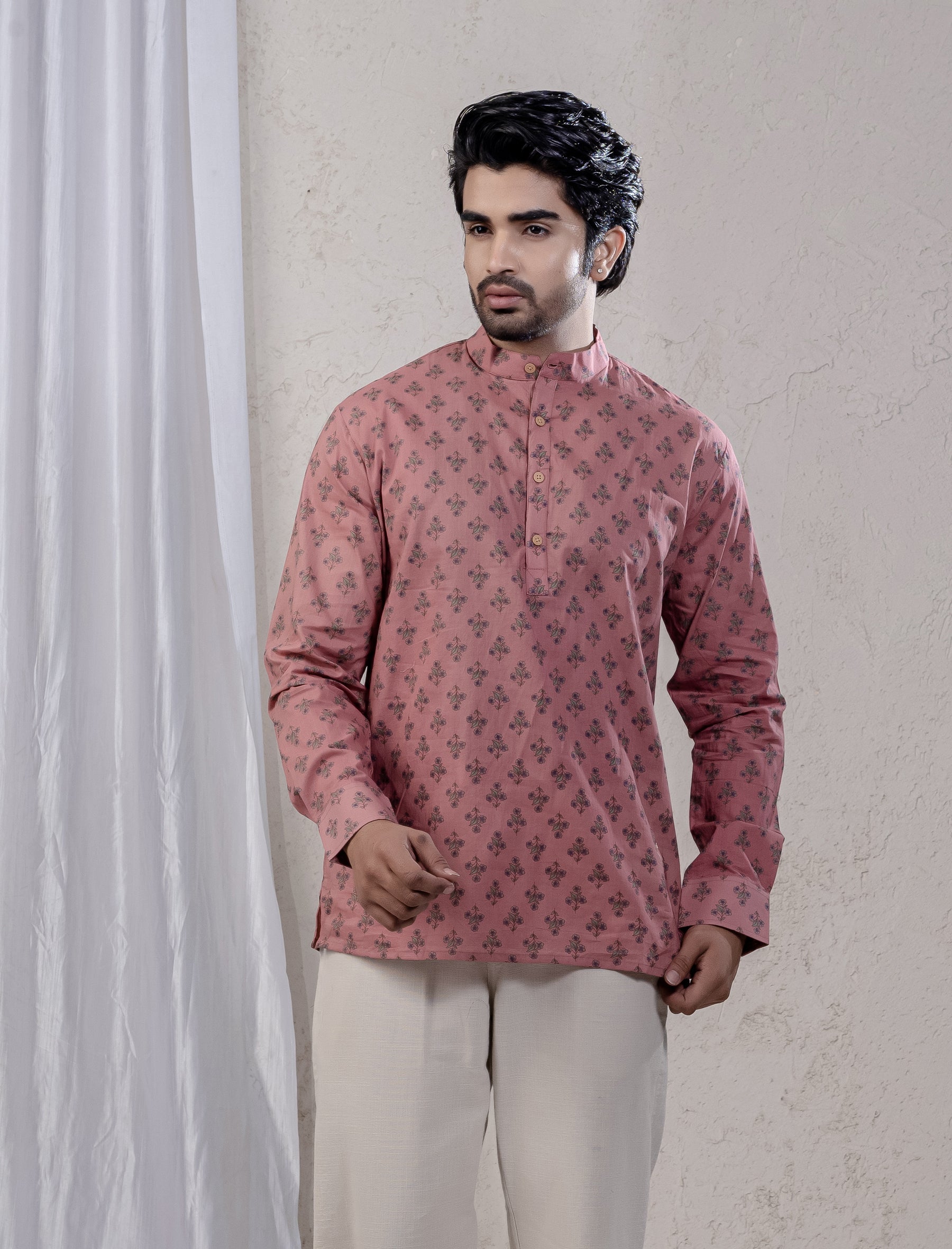 Cotton Printed Full Sleeves Short Kurta For Men