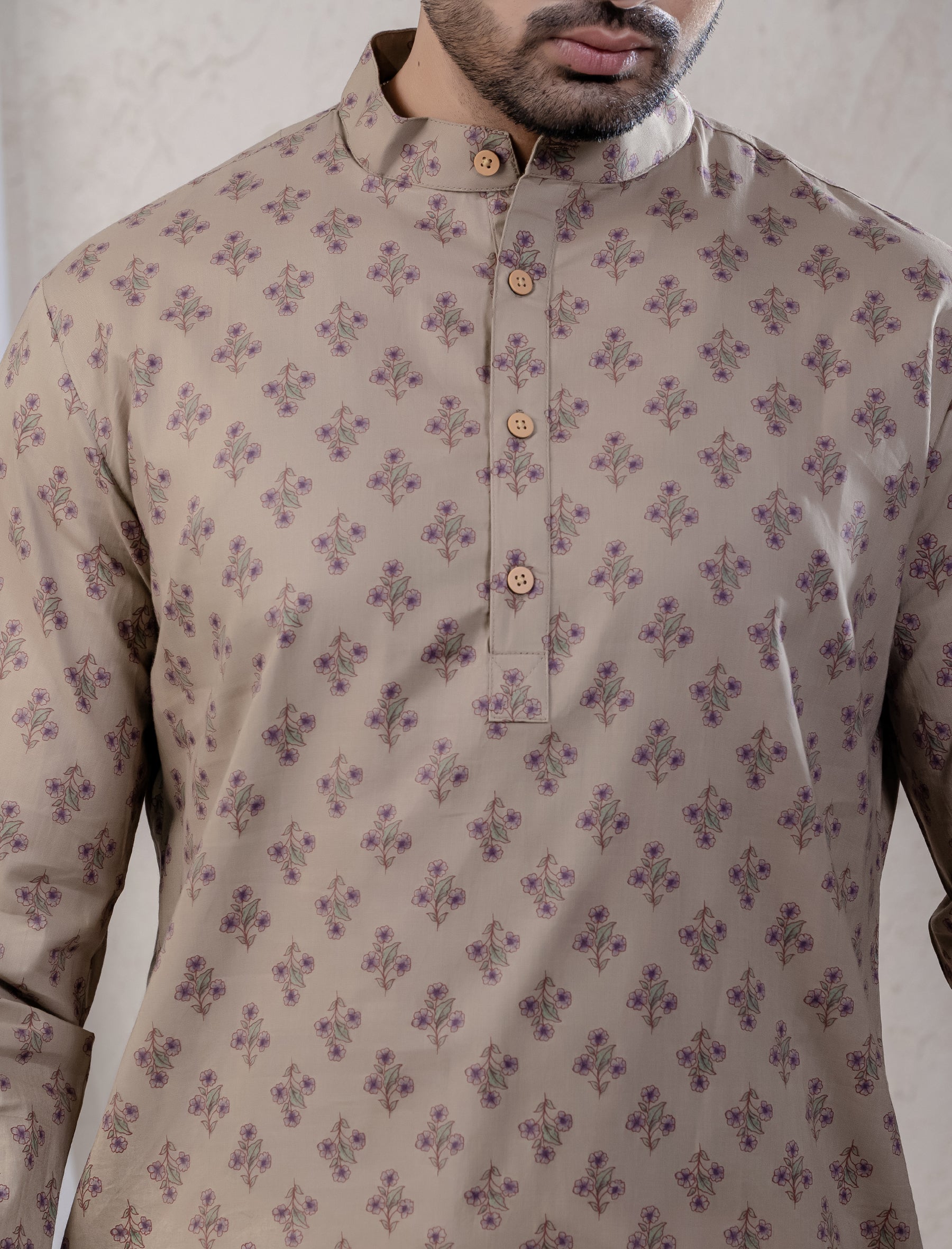 Cotton Printed Full Sleeves Short Kurta For Men