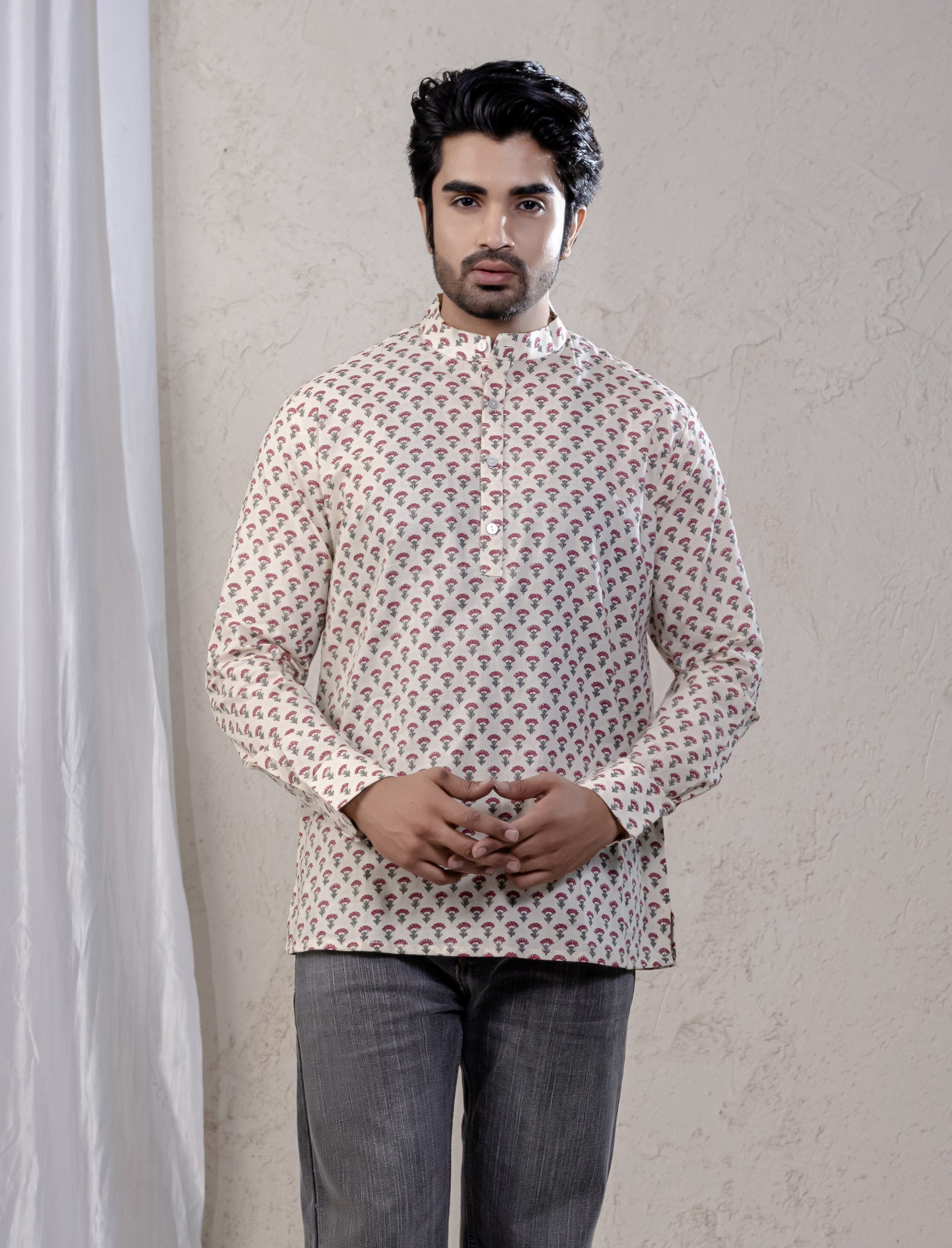 Cotton Printed Full Sleeves Short Kurta For Men