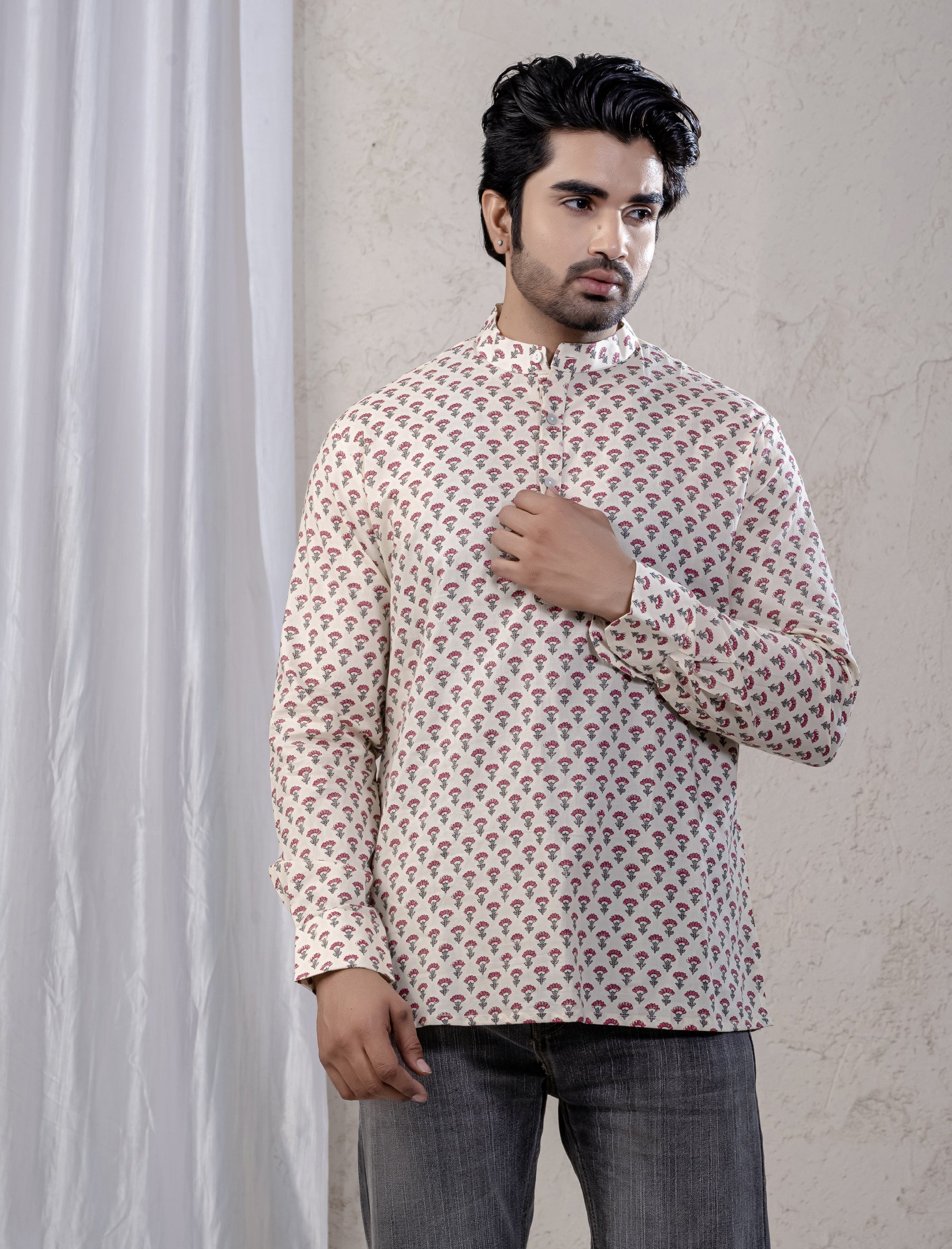 Cotton Printed Full Sleeves Short Kurta For Men