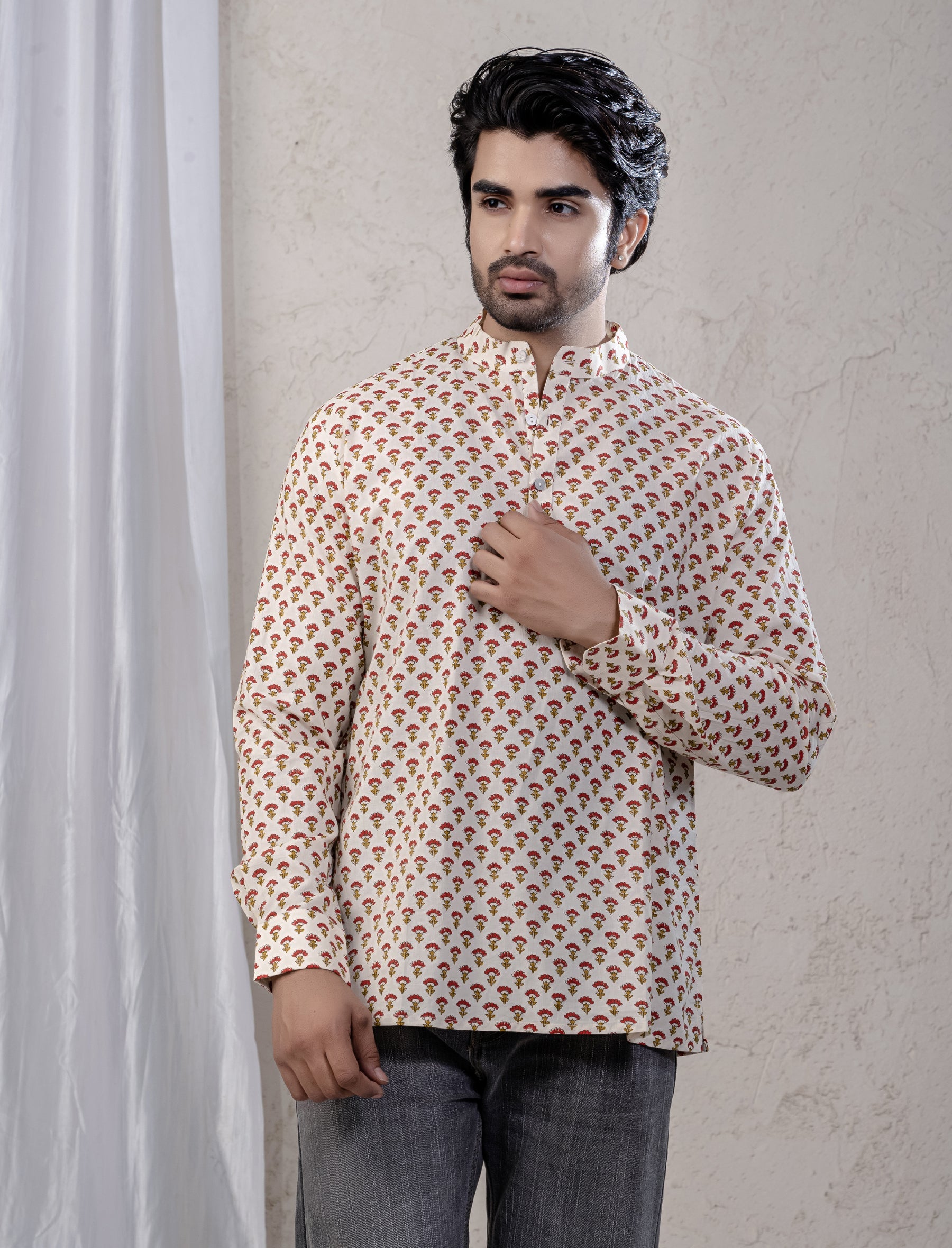 Cotton Printed Full Sleeves Short Kurta For Men