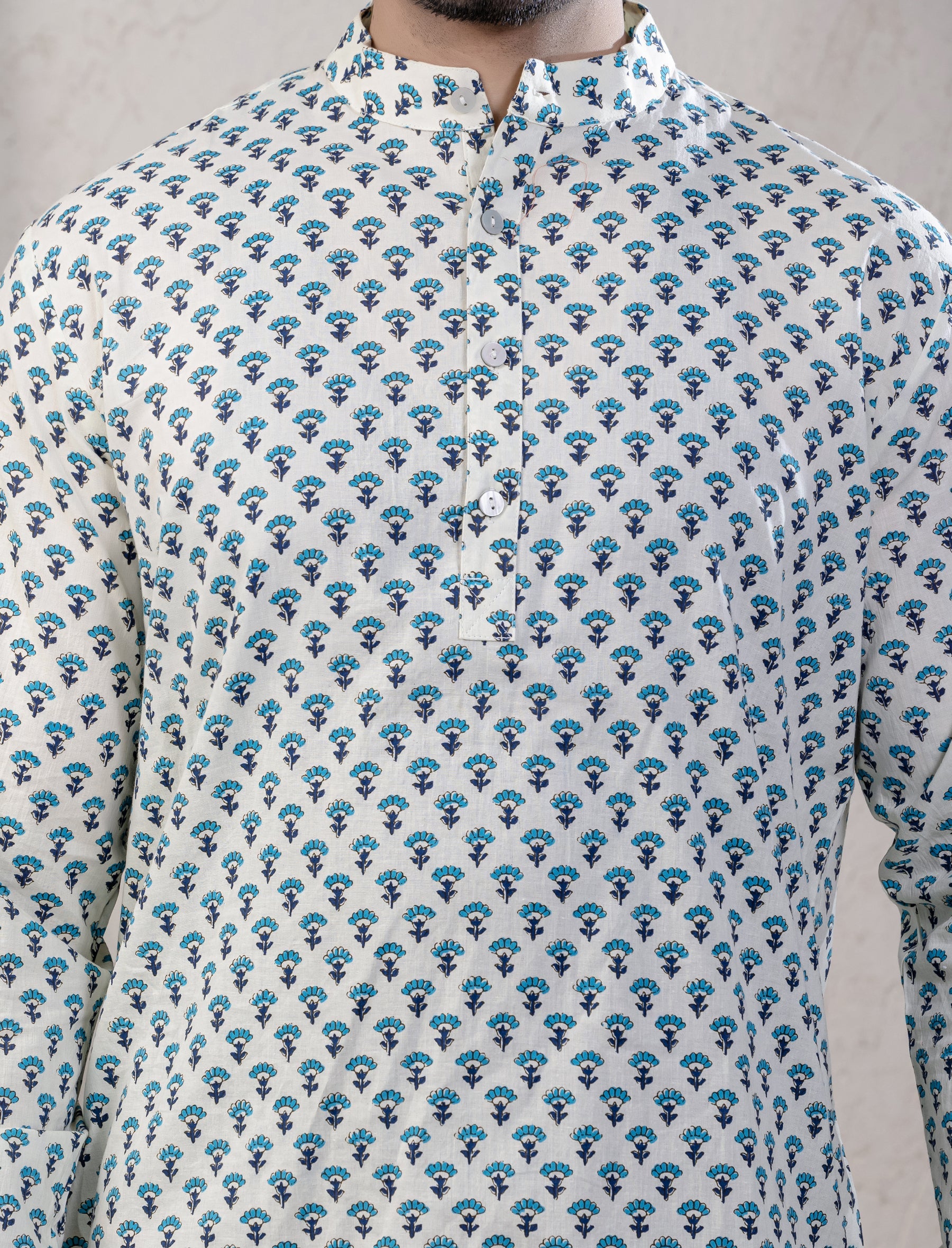 Cotton Printed Full Sleeves Short Kurta For Men
