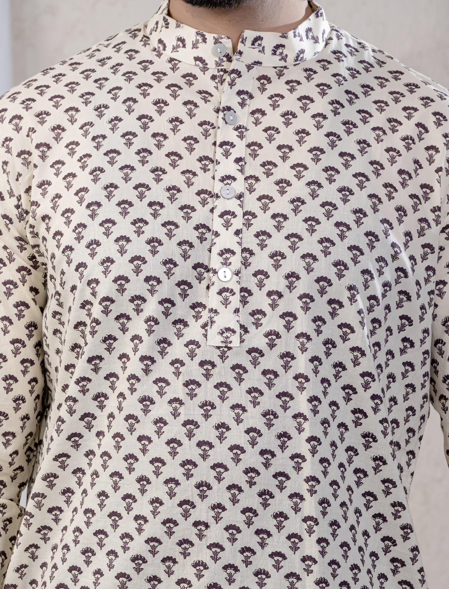 Cotton Printed Full Sleeves Short Kurta For Men