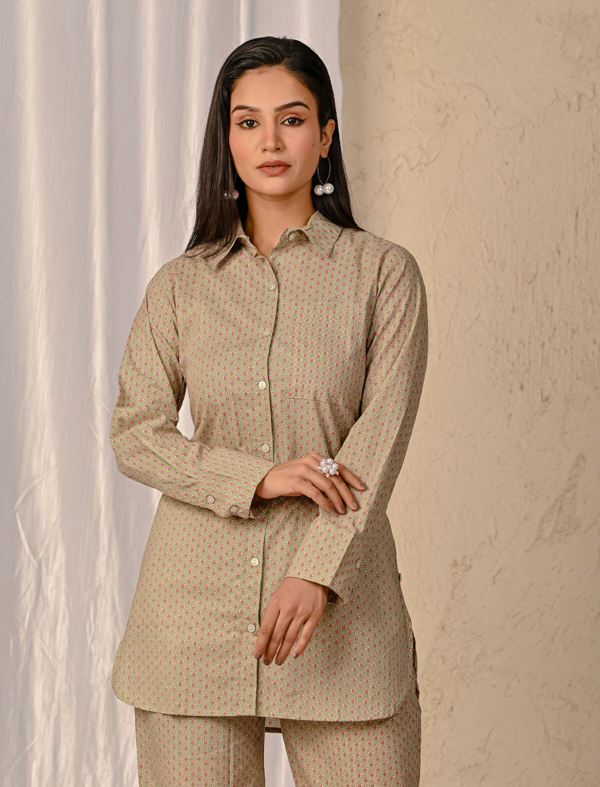 Light Green Barik Butti Printed Cotton Co-Ord Set
