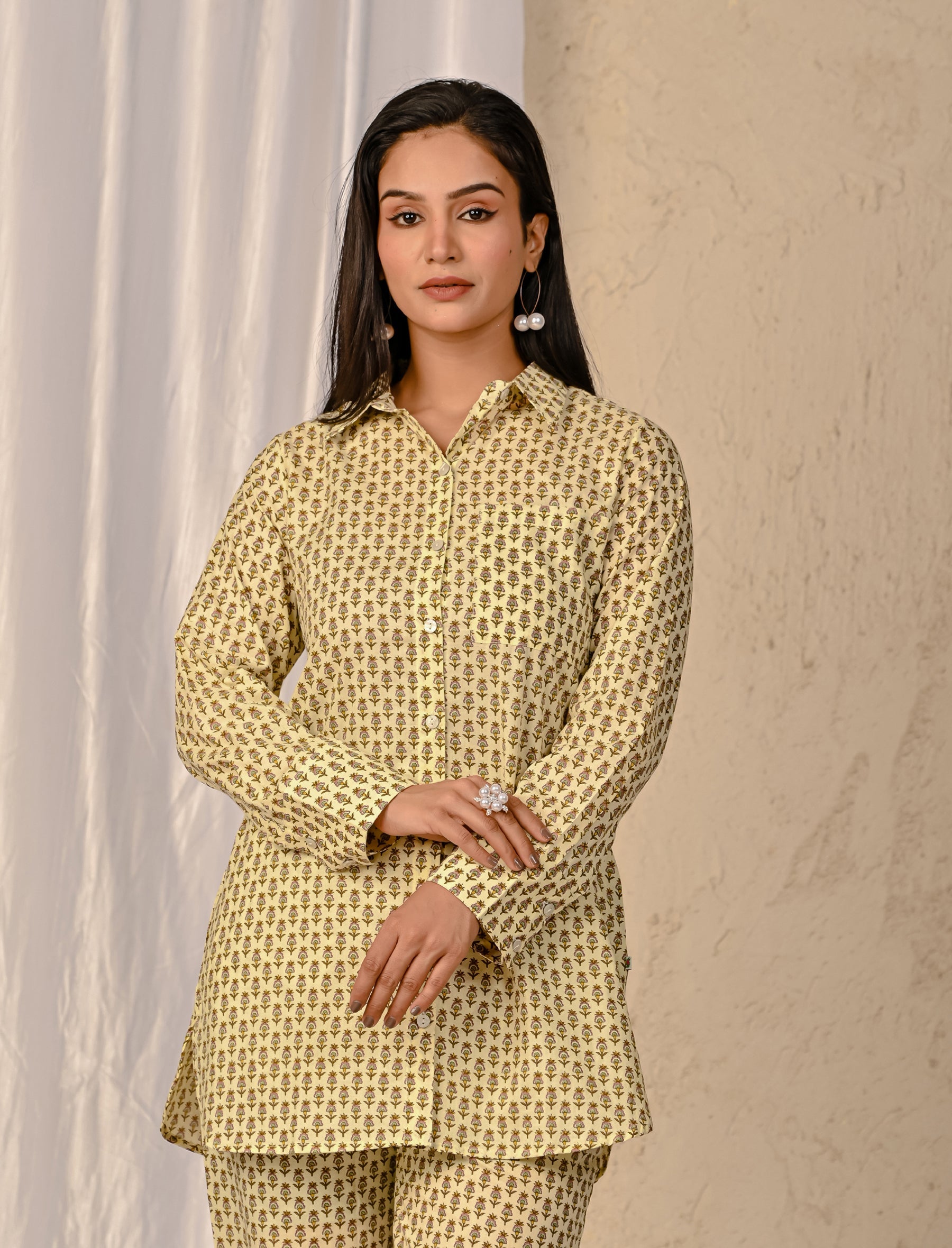Pastel Mustard Barik Butti Printed Cotton Co-Ord Set