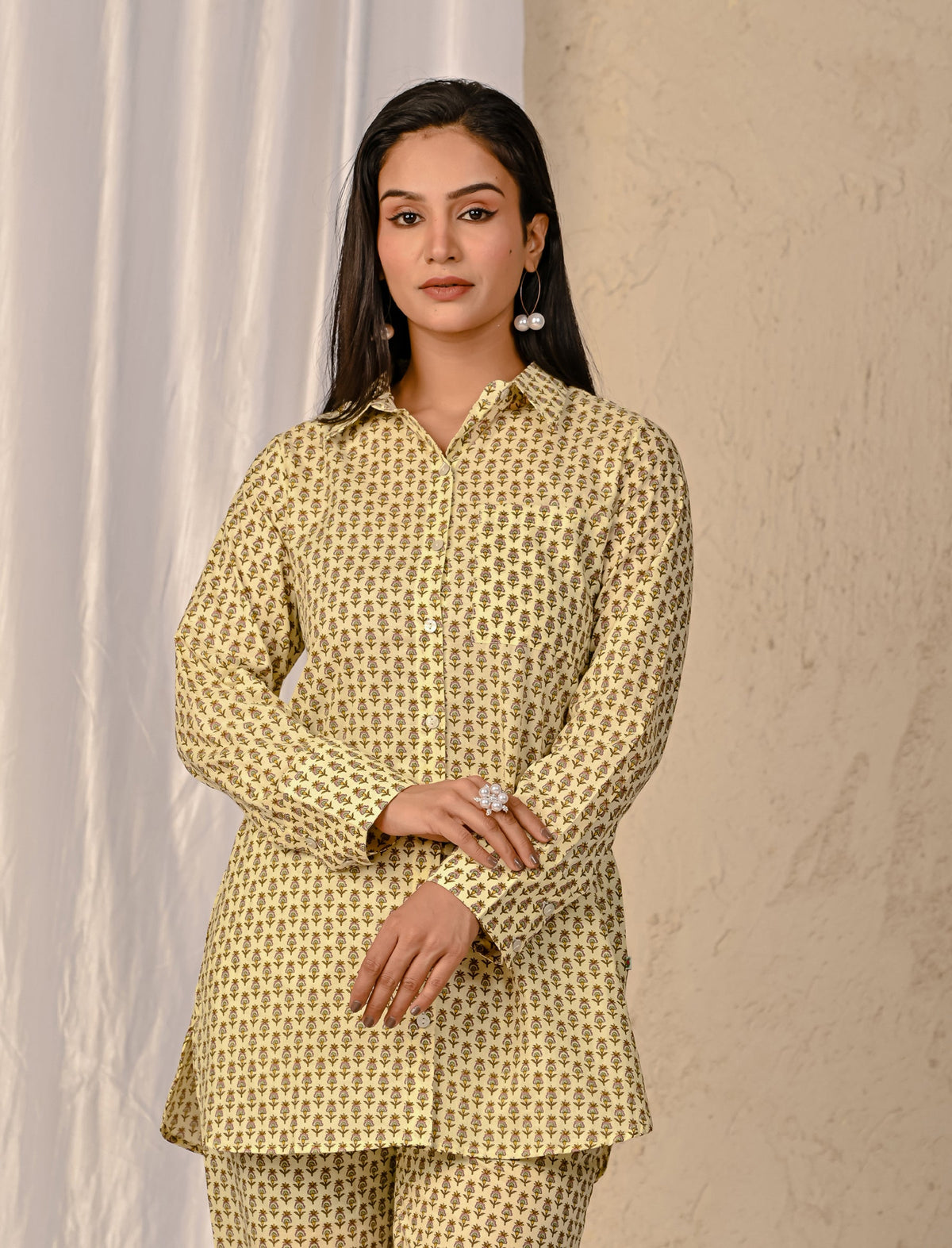 Pastel Mustard Barik Butti Printed Cotton Co-Ord Set