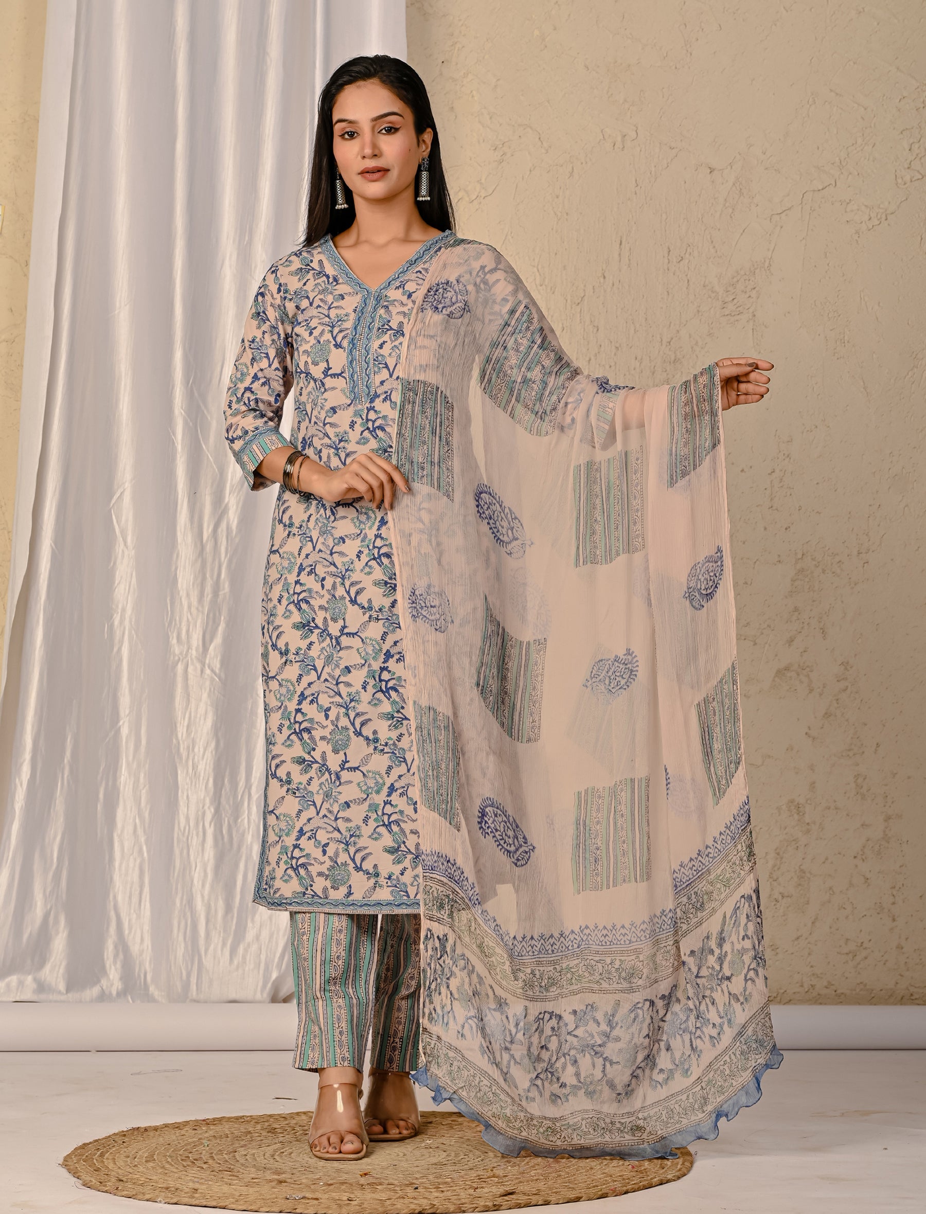Cream Jaal Block Printed Cotton Kurta Pant Set