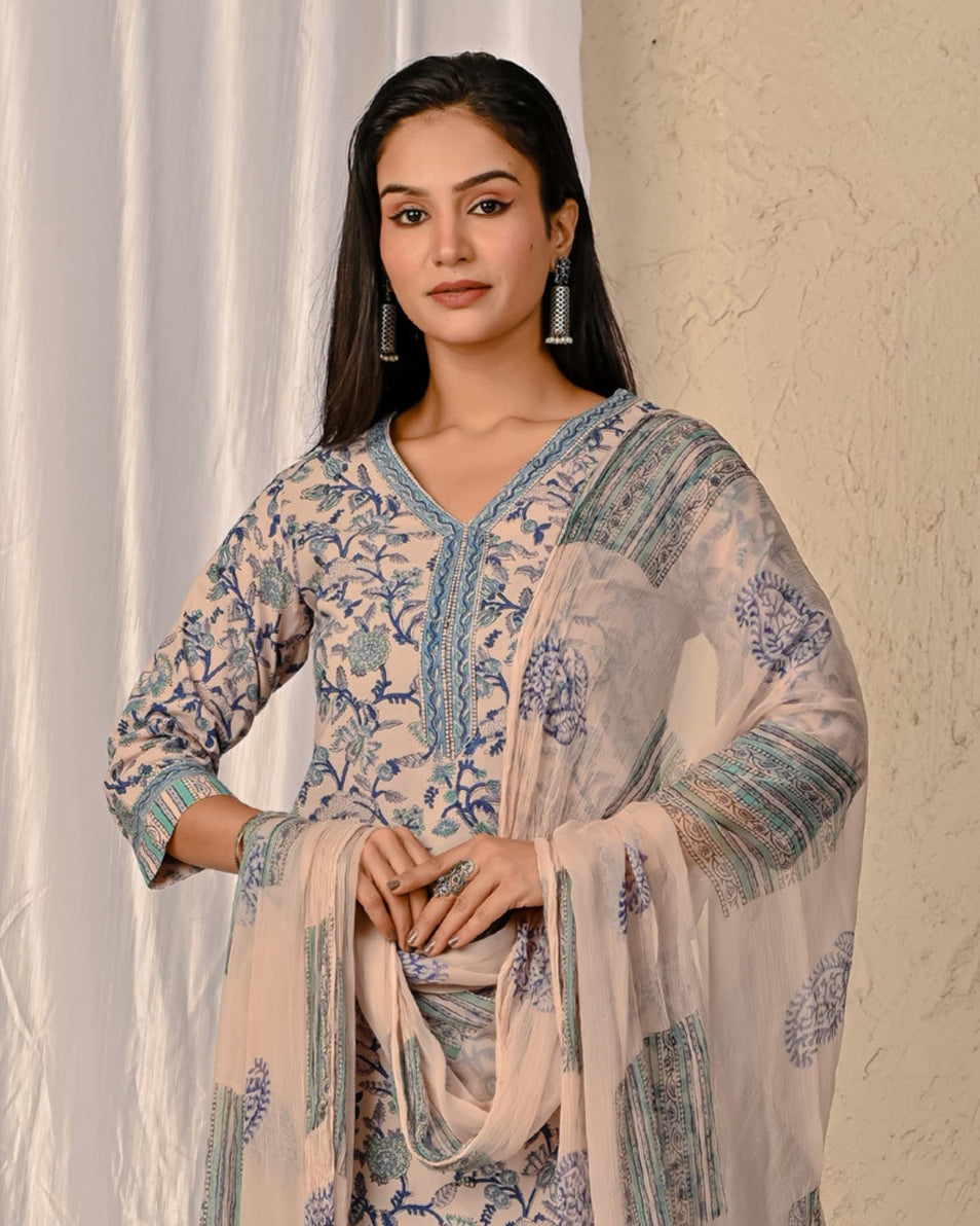 Cream Jaal Block Printed Cotton Kurta Pant Set