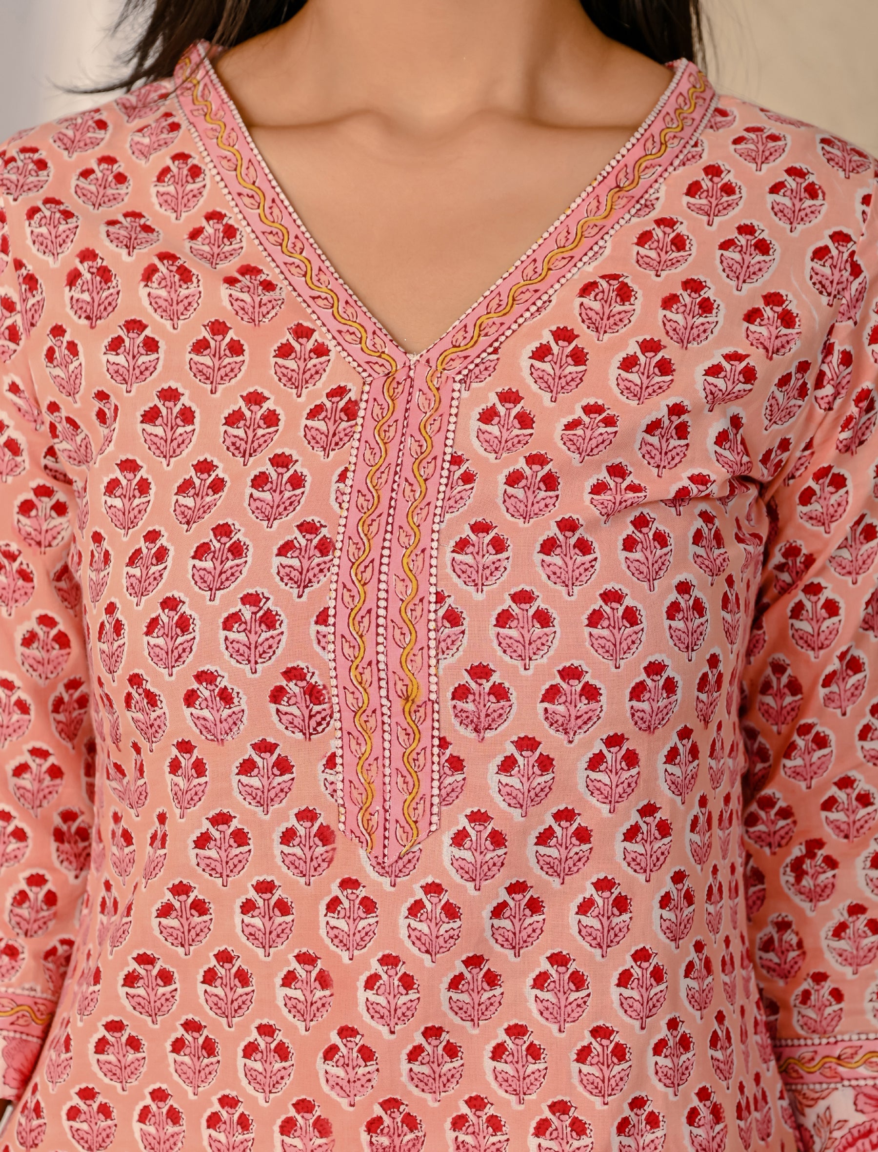 Peach Butta Block Printed Cotton Kurta Pant Set
