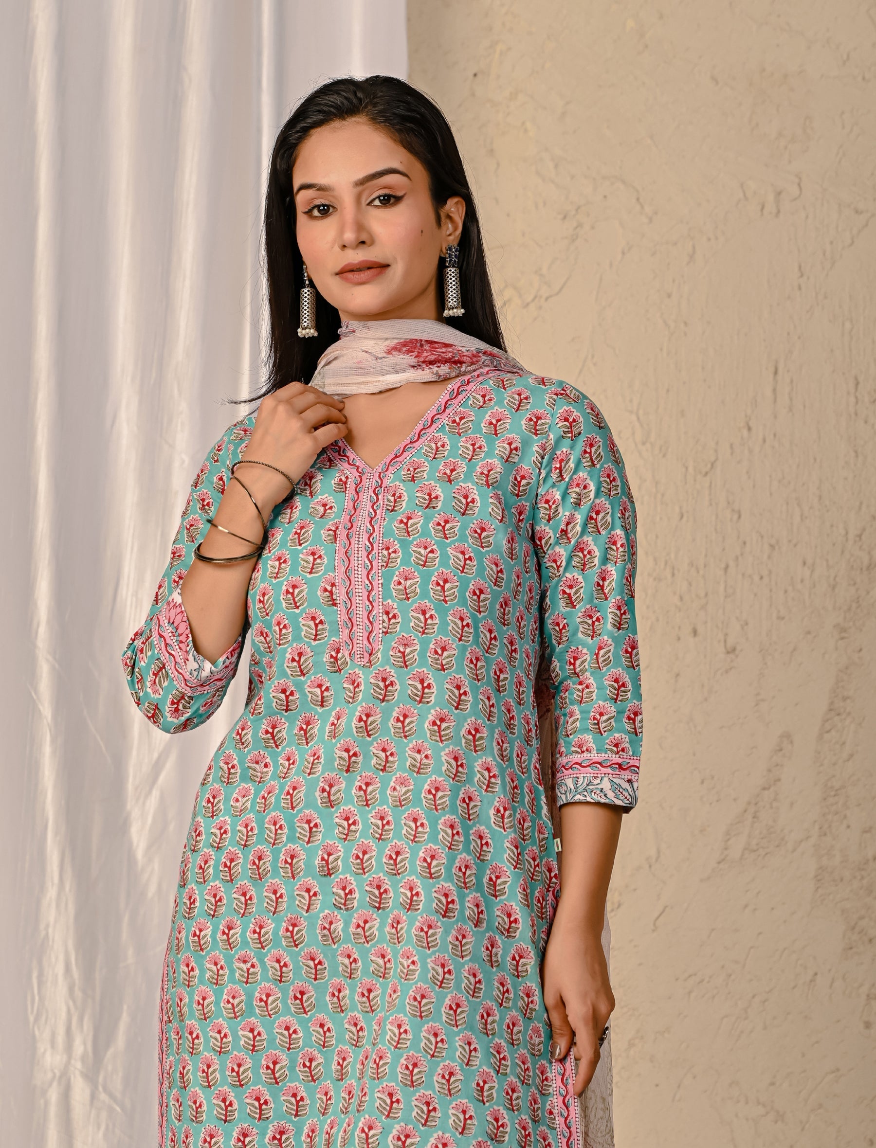 Turquoise Butta Block Printed Cotton Kurta Pant Set