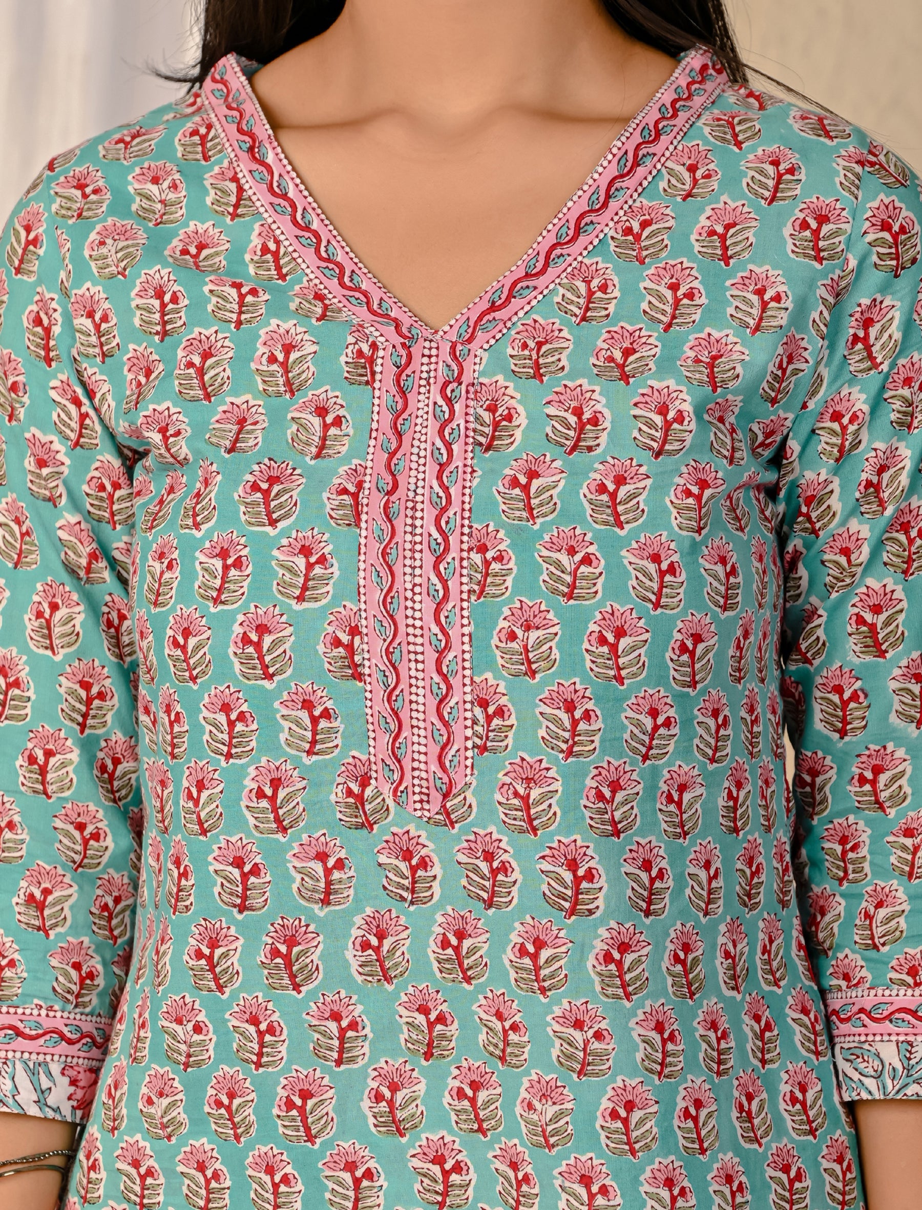 Turquoise Butta Block Printed Cotton Kurta Pant Set