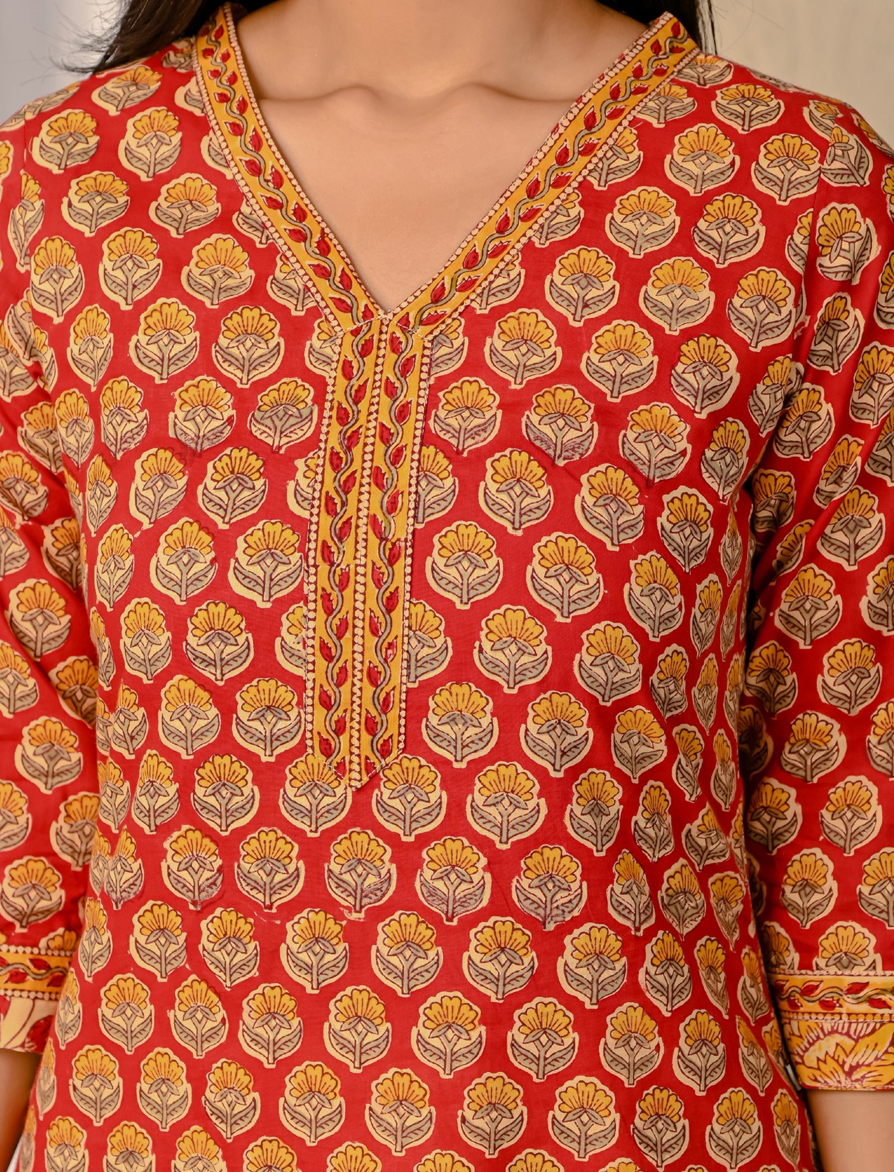 Red Butta Block Printed Cotton Kurta Pant Set