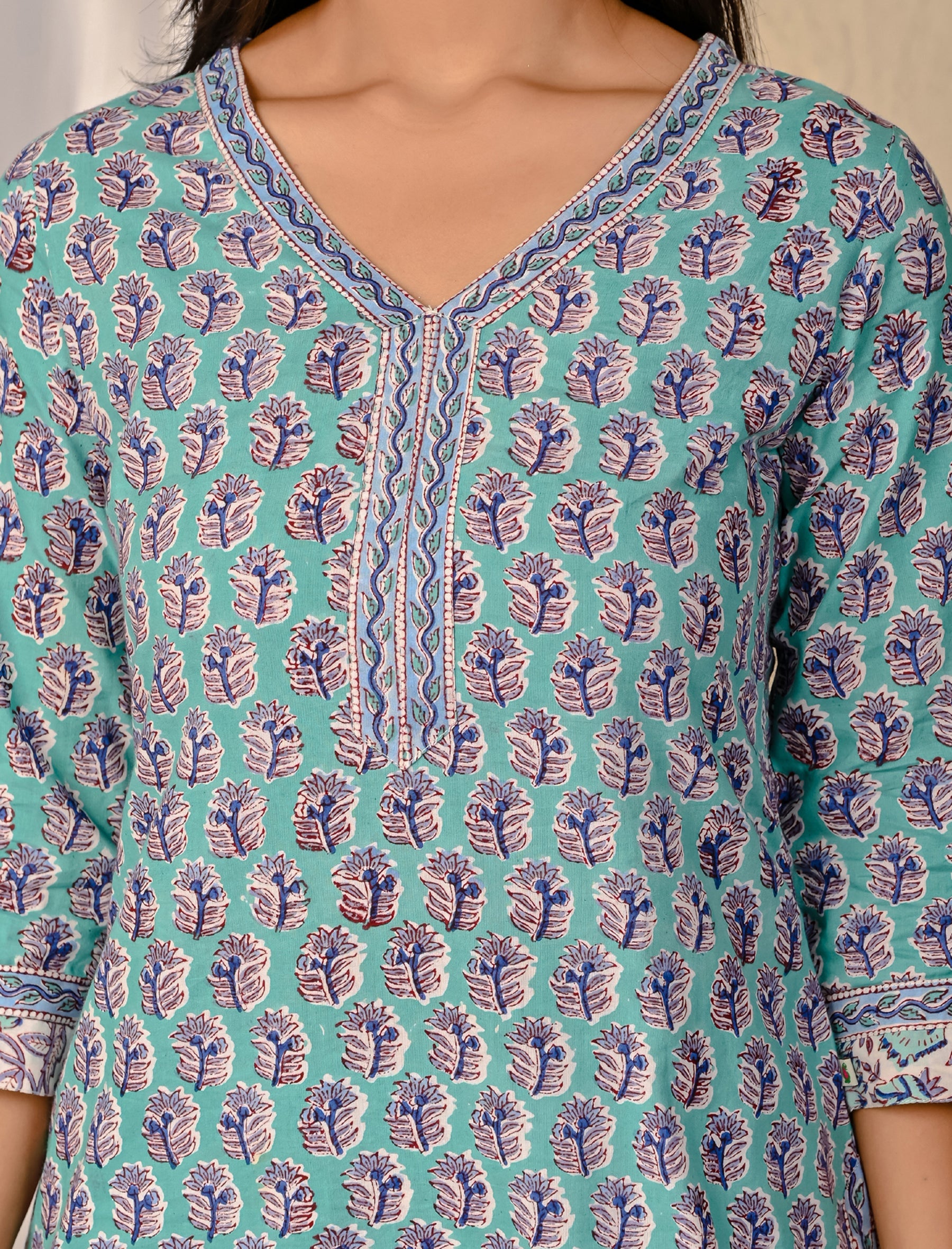 Turquoise Butta Block Printed Cotton Kurta Pant Set