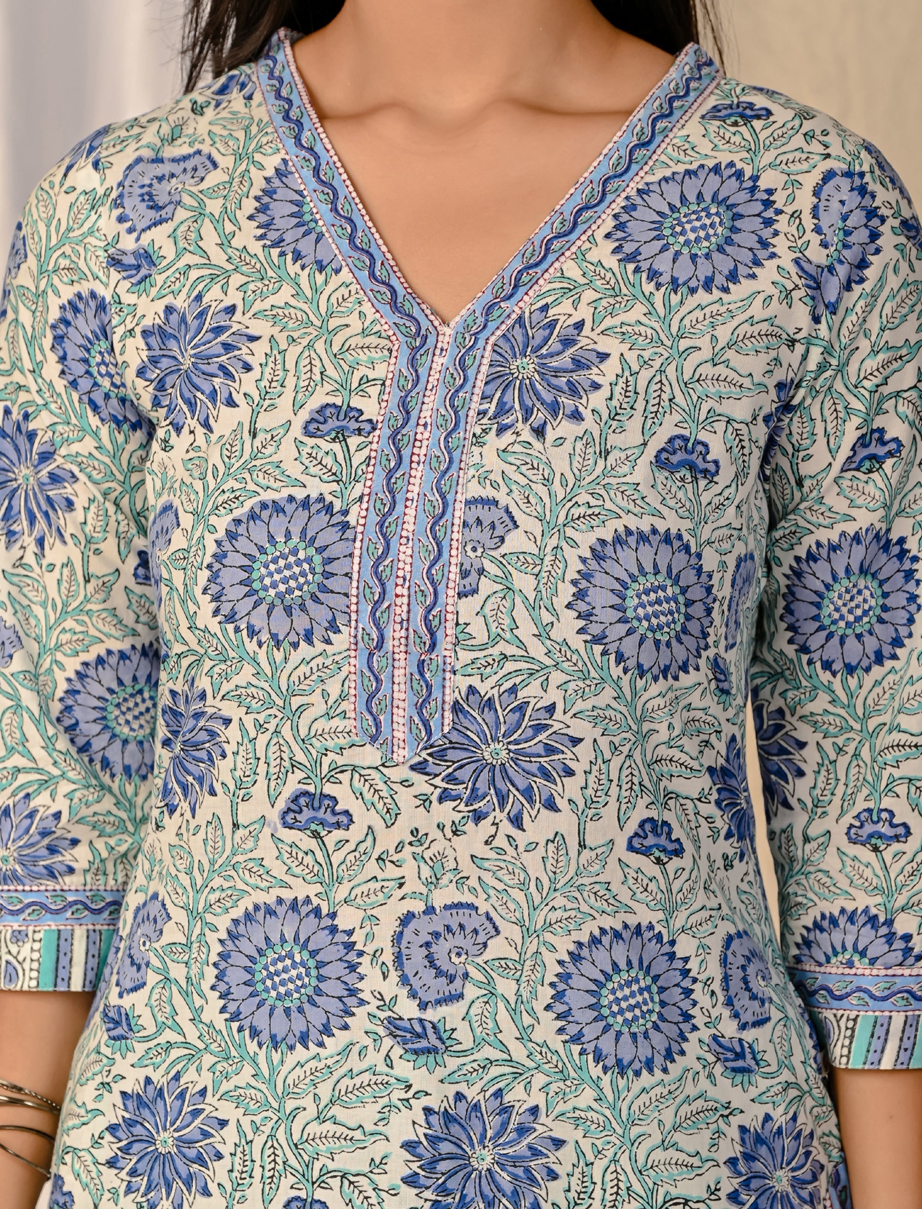 White Jaal Block Printed Cotton Kurta Pant Set