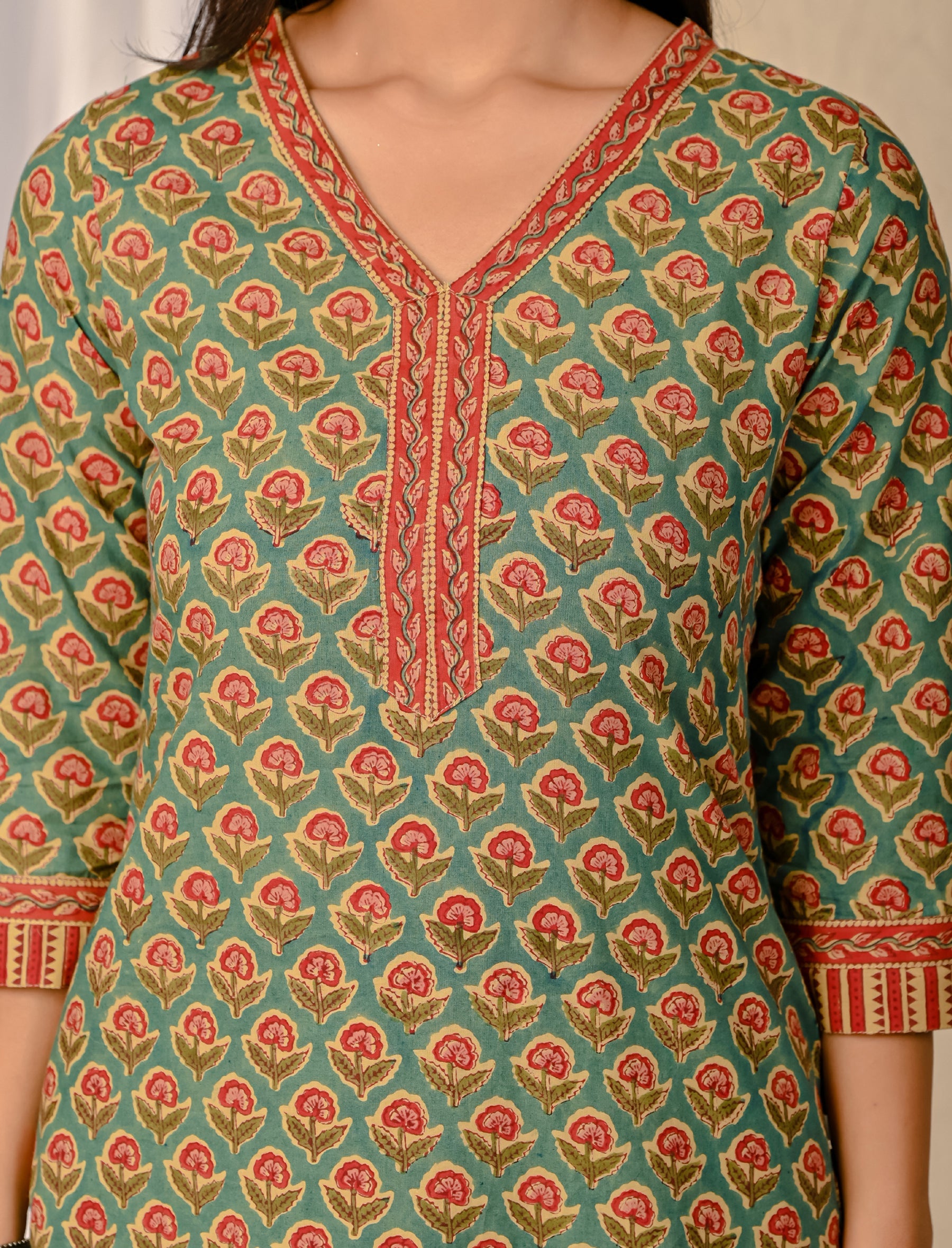 Sea Green Butta Block Printed Cotton Kurta Pant Set
