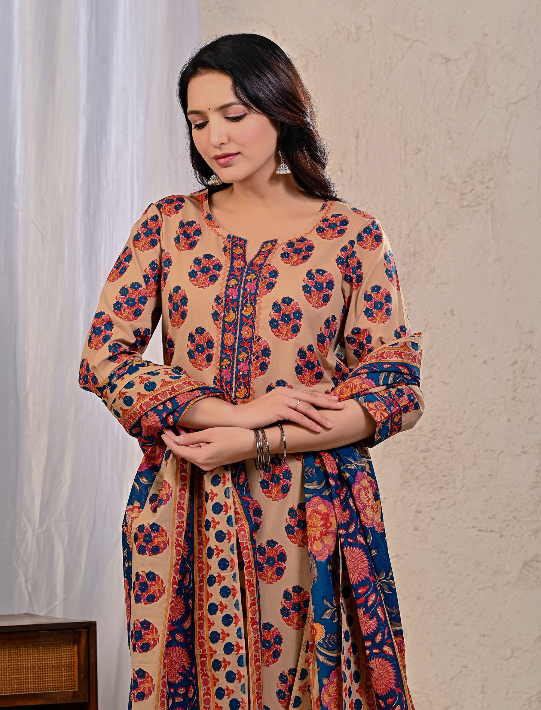 Beige Butta Block Printed Cotton Kurta Pant Set With Mulmul Dupatta