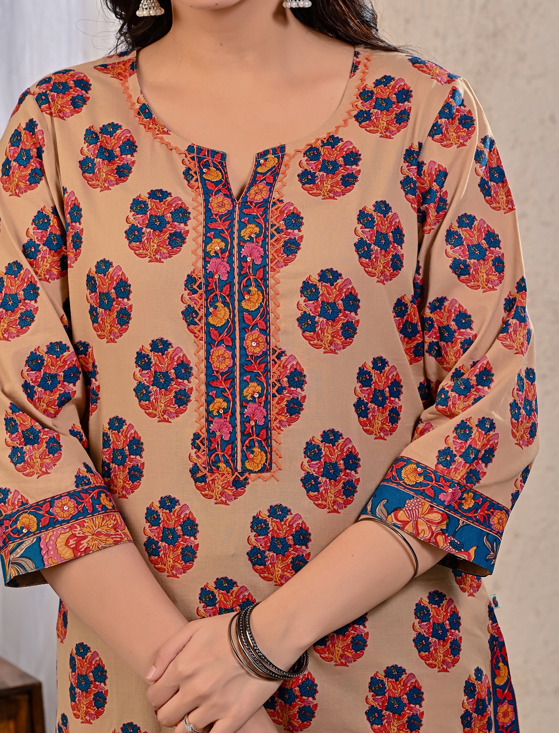 Beige Butta Block Printed Cotton Kurta Pant Set With Mulmul Dupatta