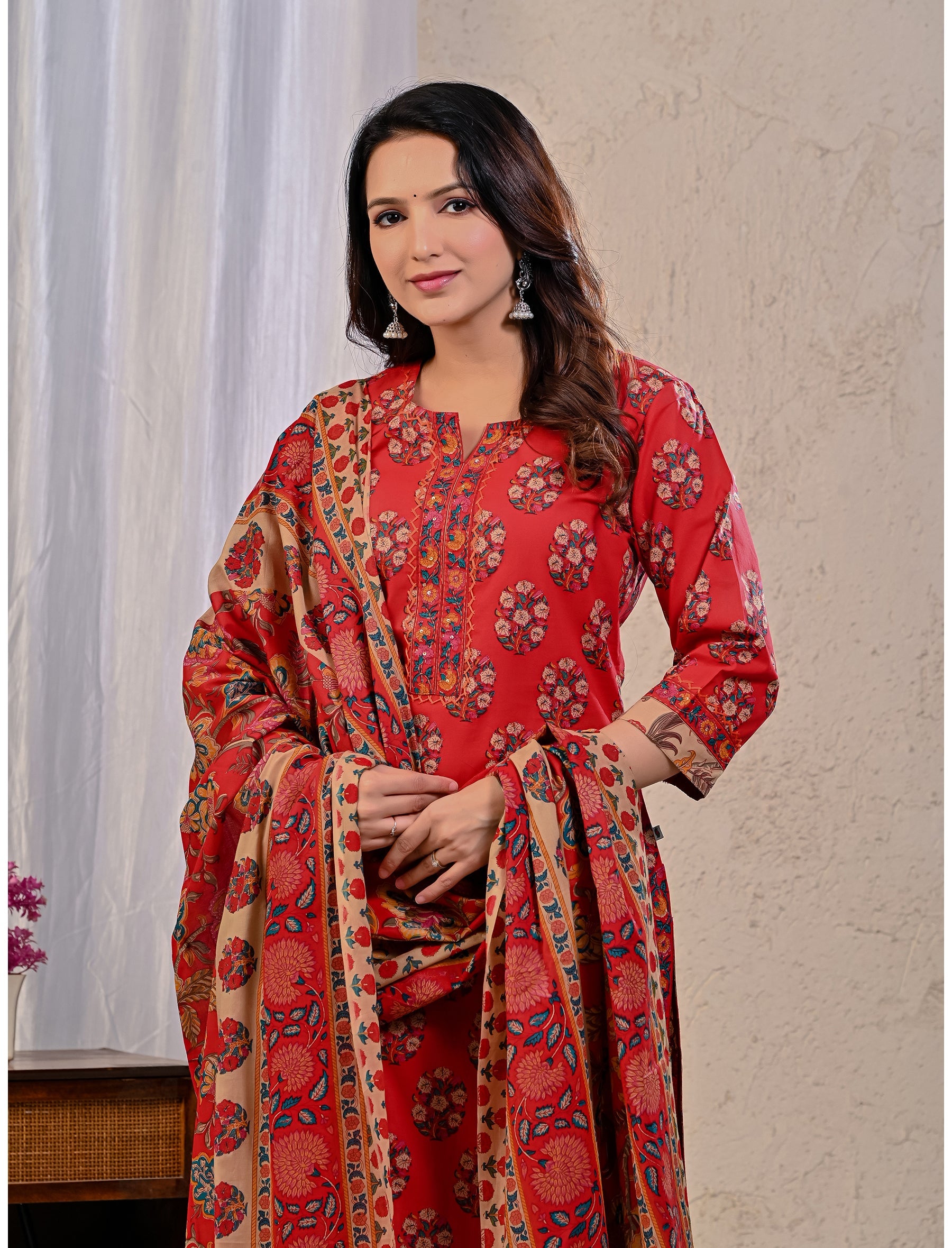 Red Butta Block Printed Cotton Kurta Pant Set With Mulmul Dupatta