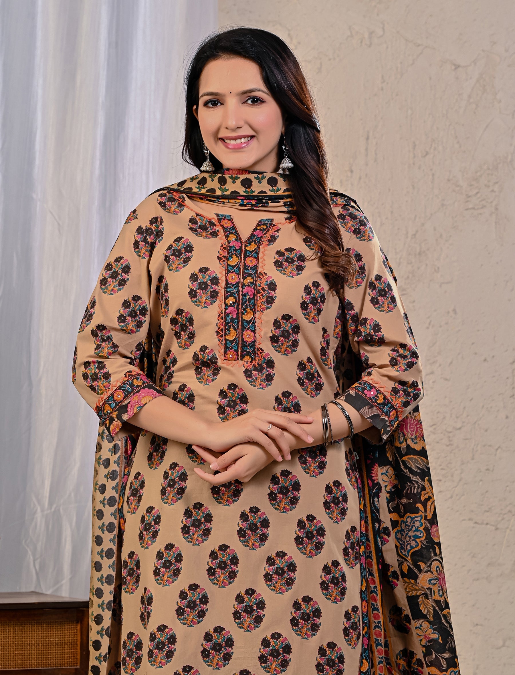Beige Black Butta Block Printed Cotton Kurta Pant Set With Mulmul Dupatta