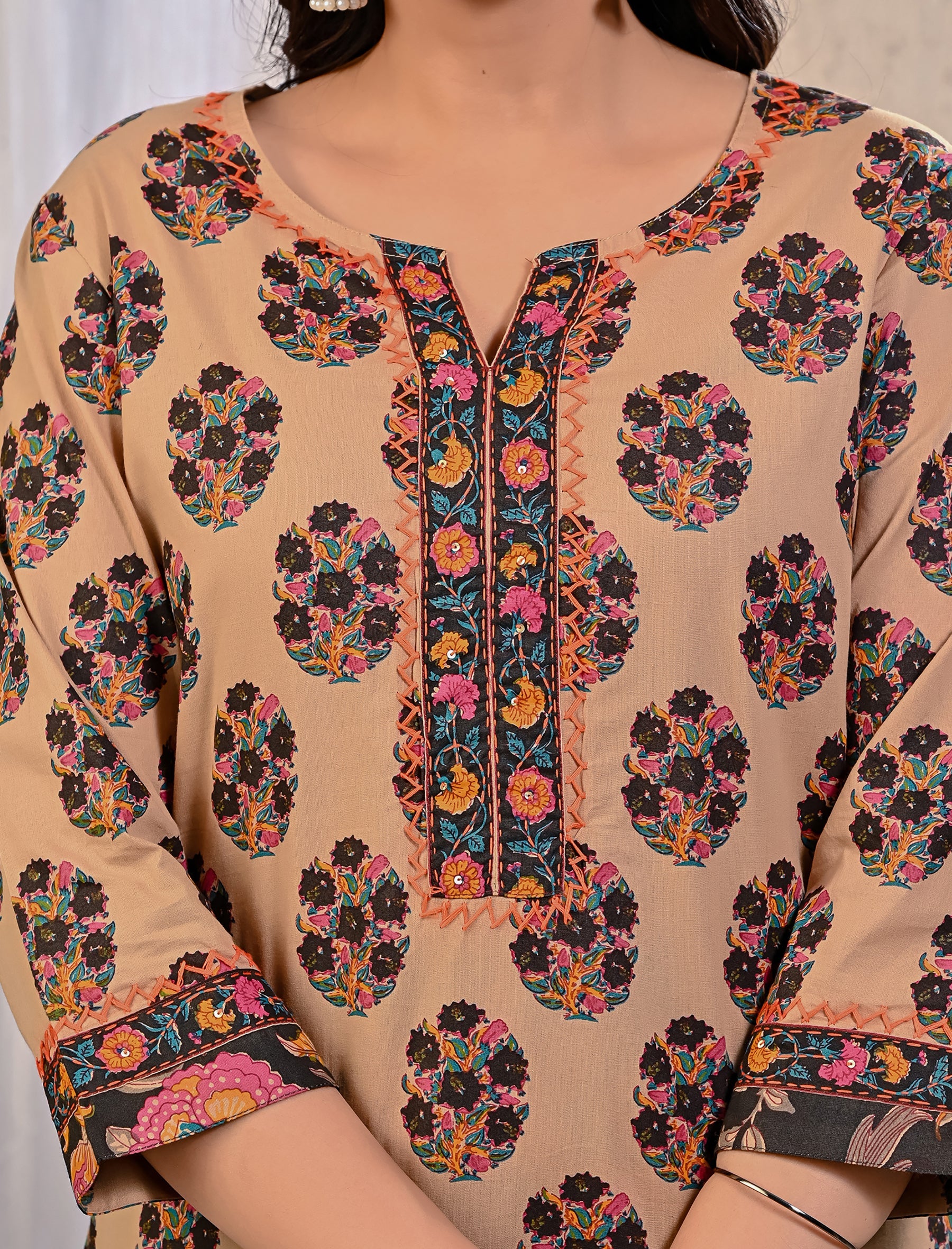 Beige Black Butta Block Printed Cotton Kurta Pant Set With Mulmul Dupatta