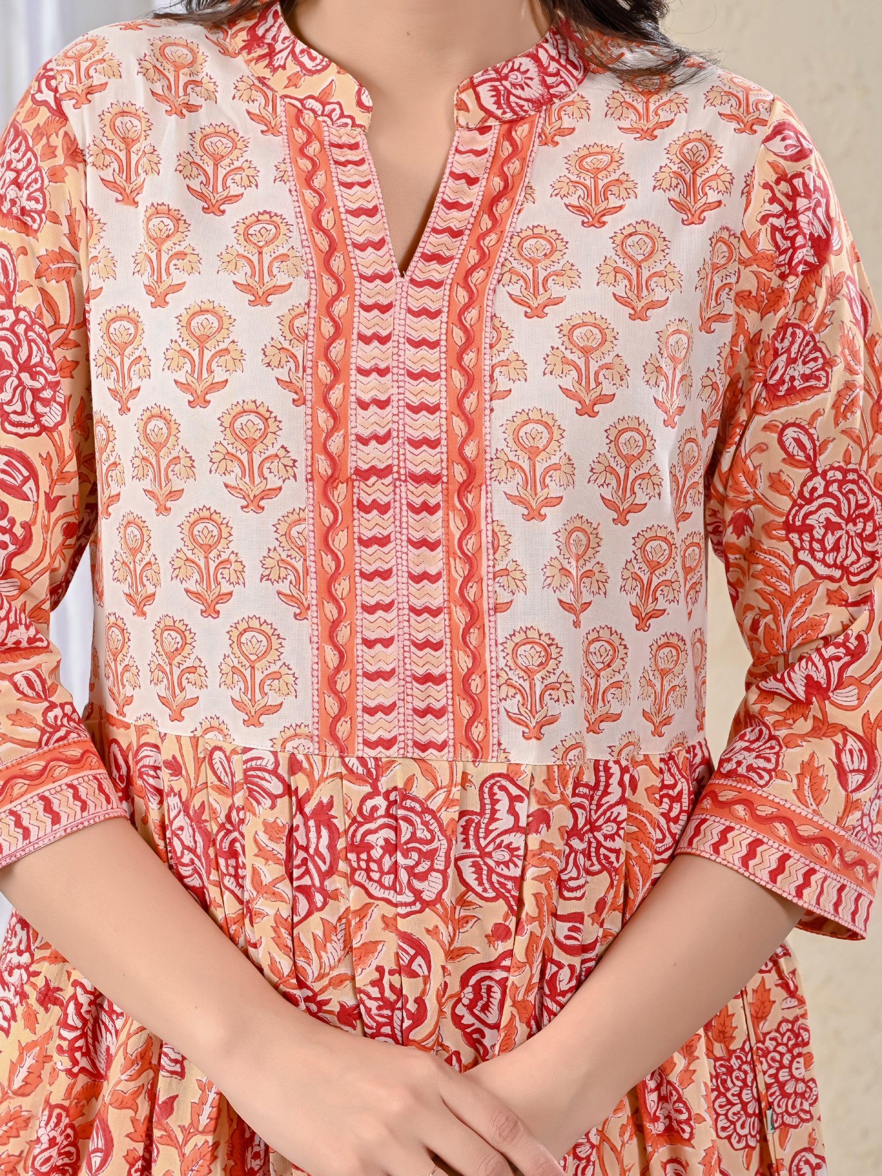 Yellow Red Jaal Printed Cotton Kurta Pant Set