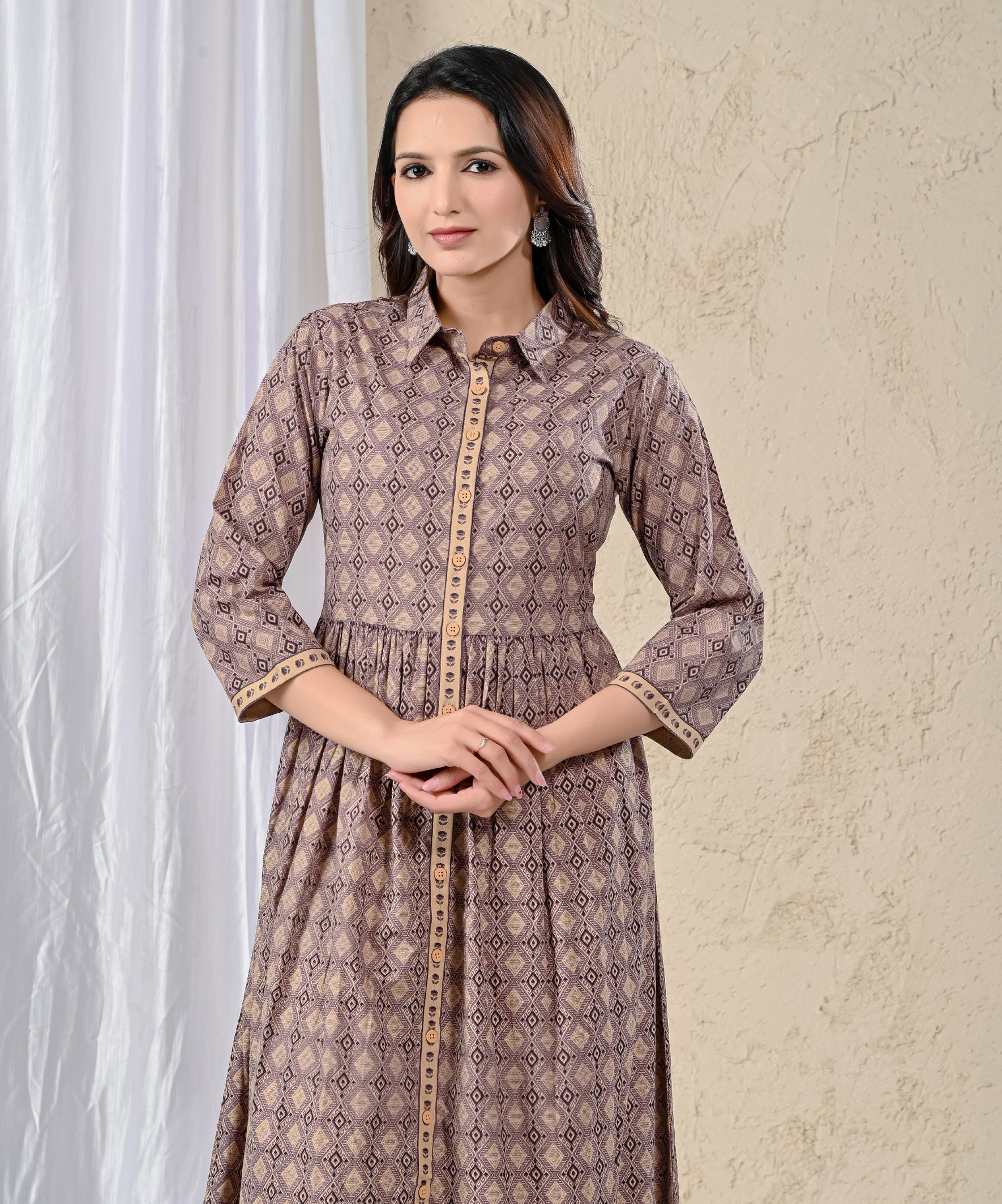 Beige Cotton Printed Long Dress