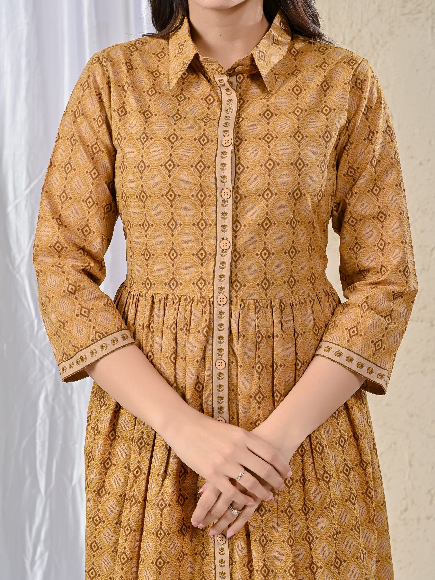 Mustard Cotton Printed Long Dress