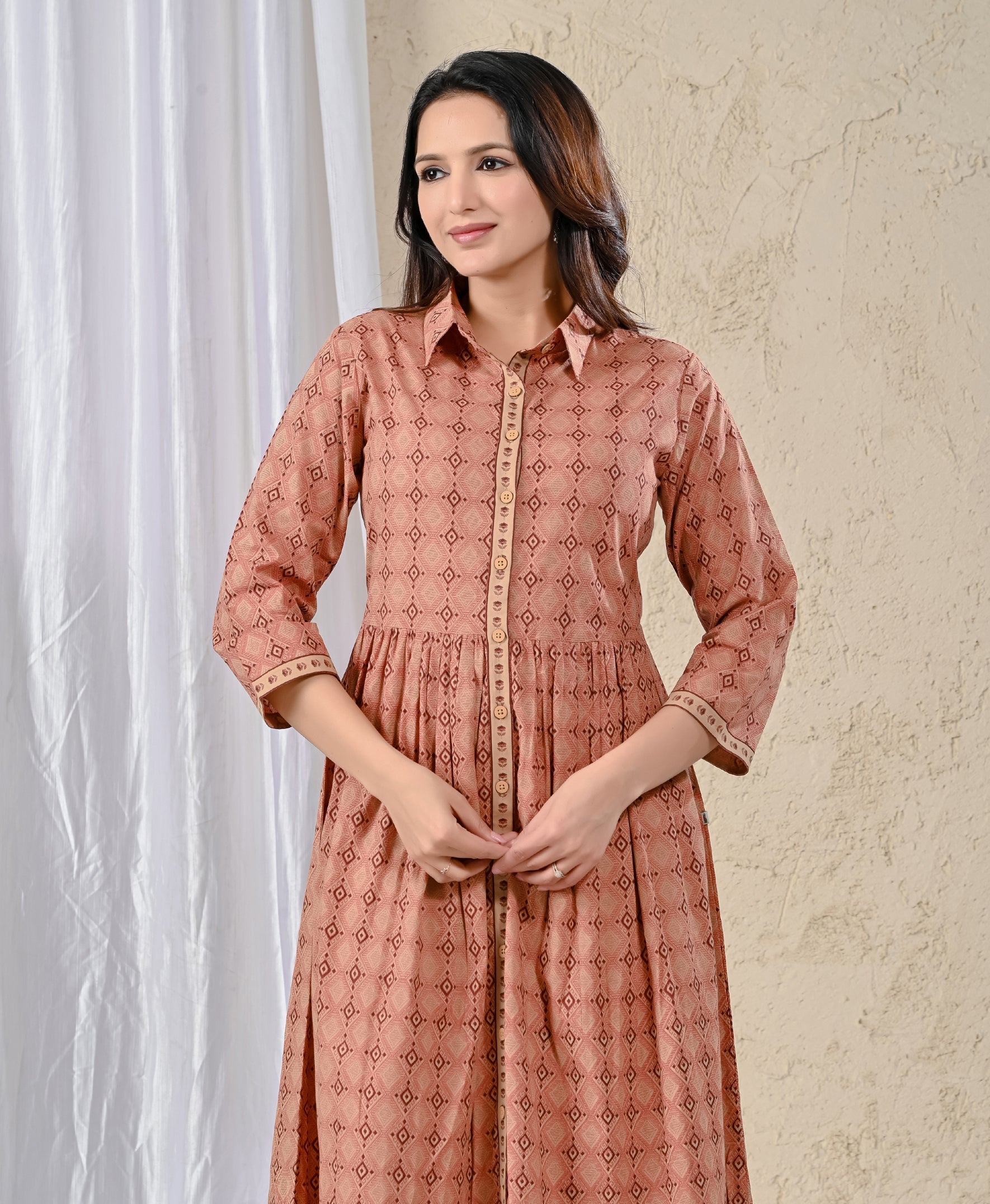 Peach Cotton Printed Long Dress