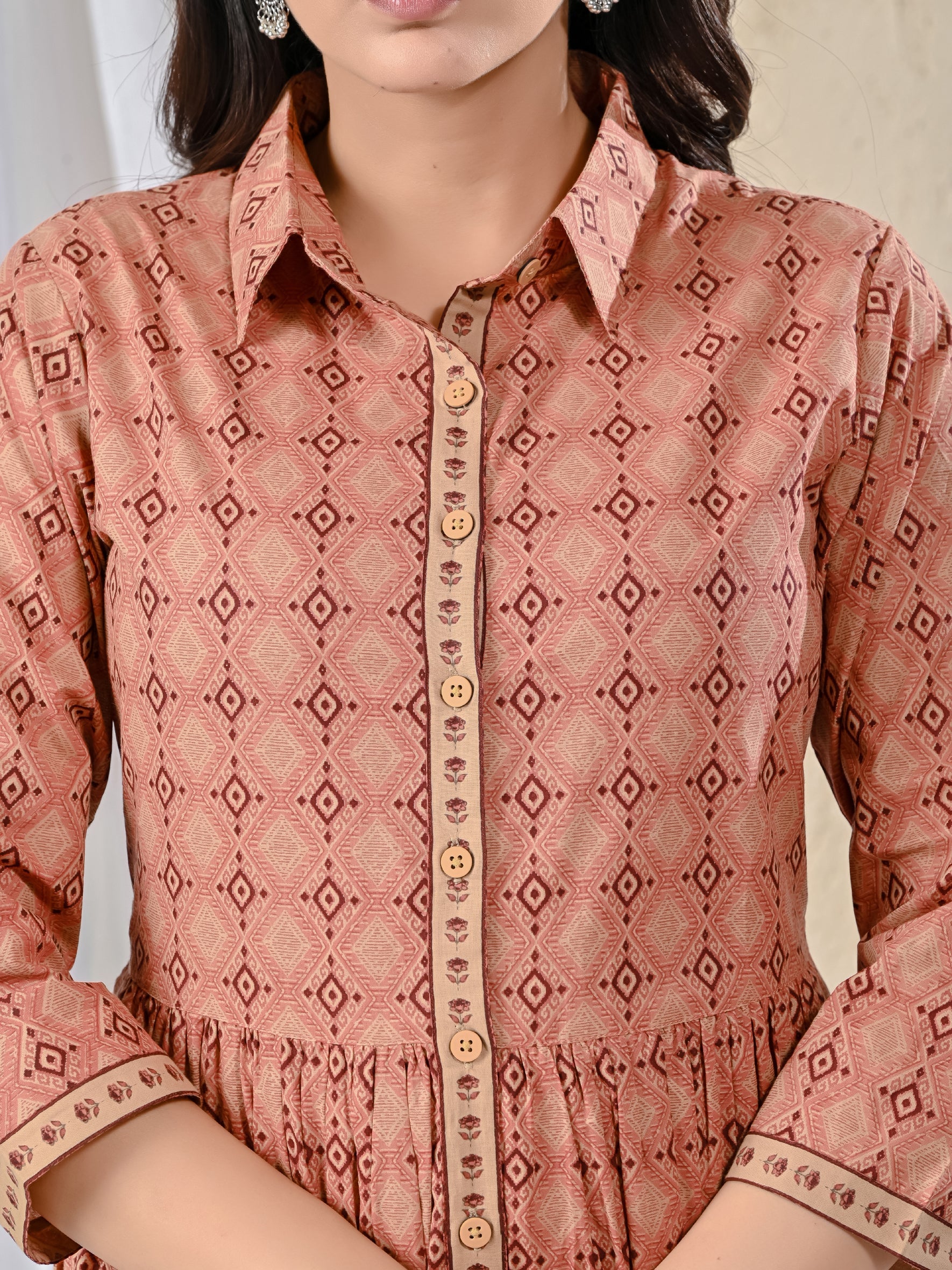 Peach Cotton Printed Long Dress