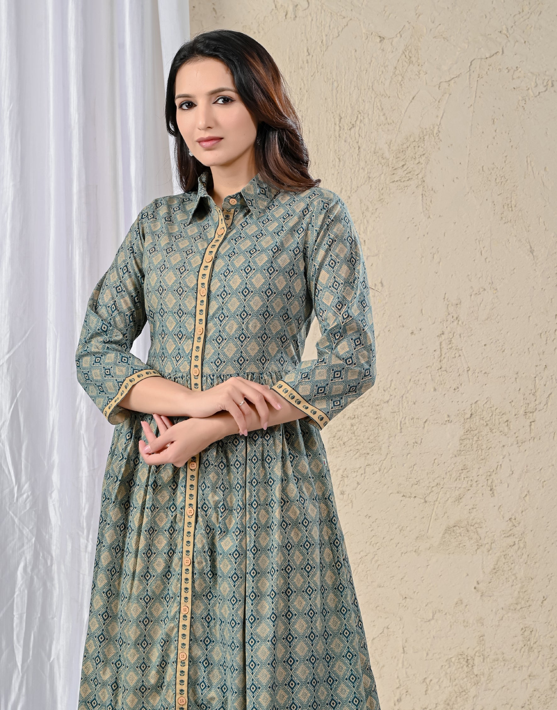 Sea Green Cotton Printed Long Dress