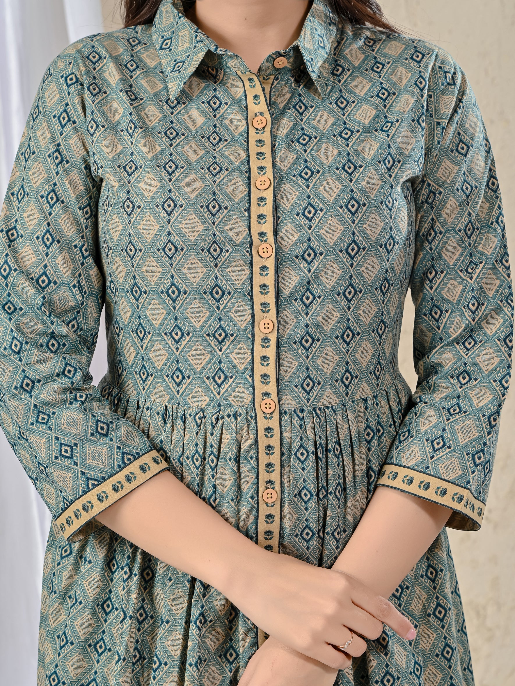 Sea Green Cotton Printed Long Dress