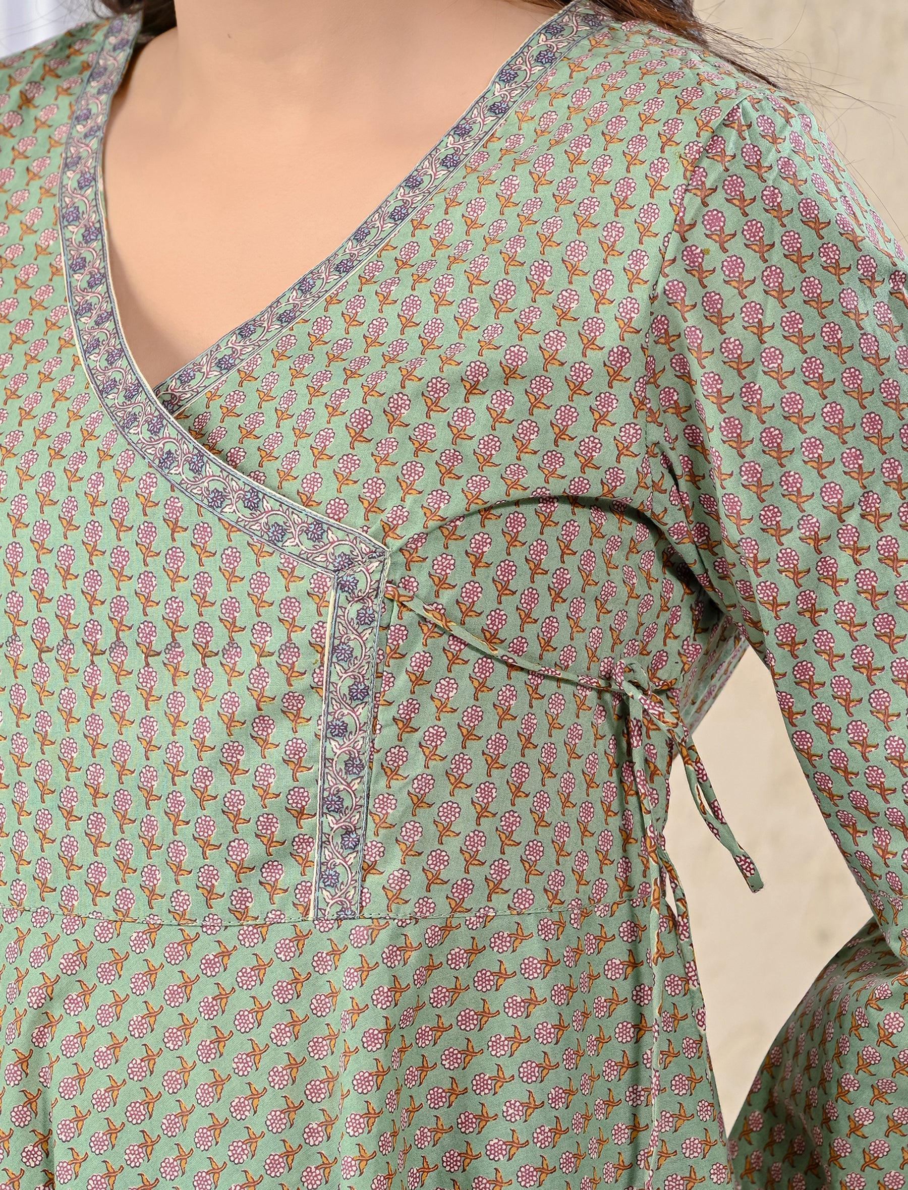 Green Cotton Printed Angrakha Top