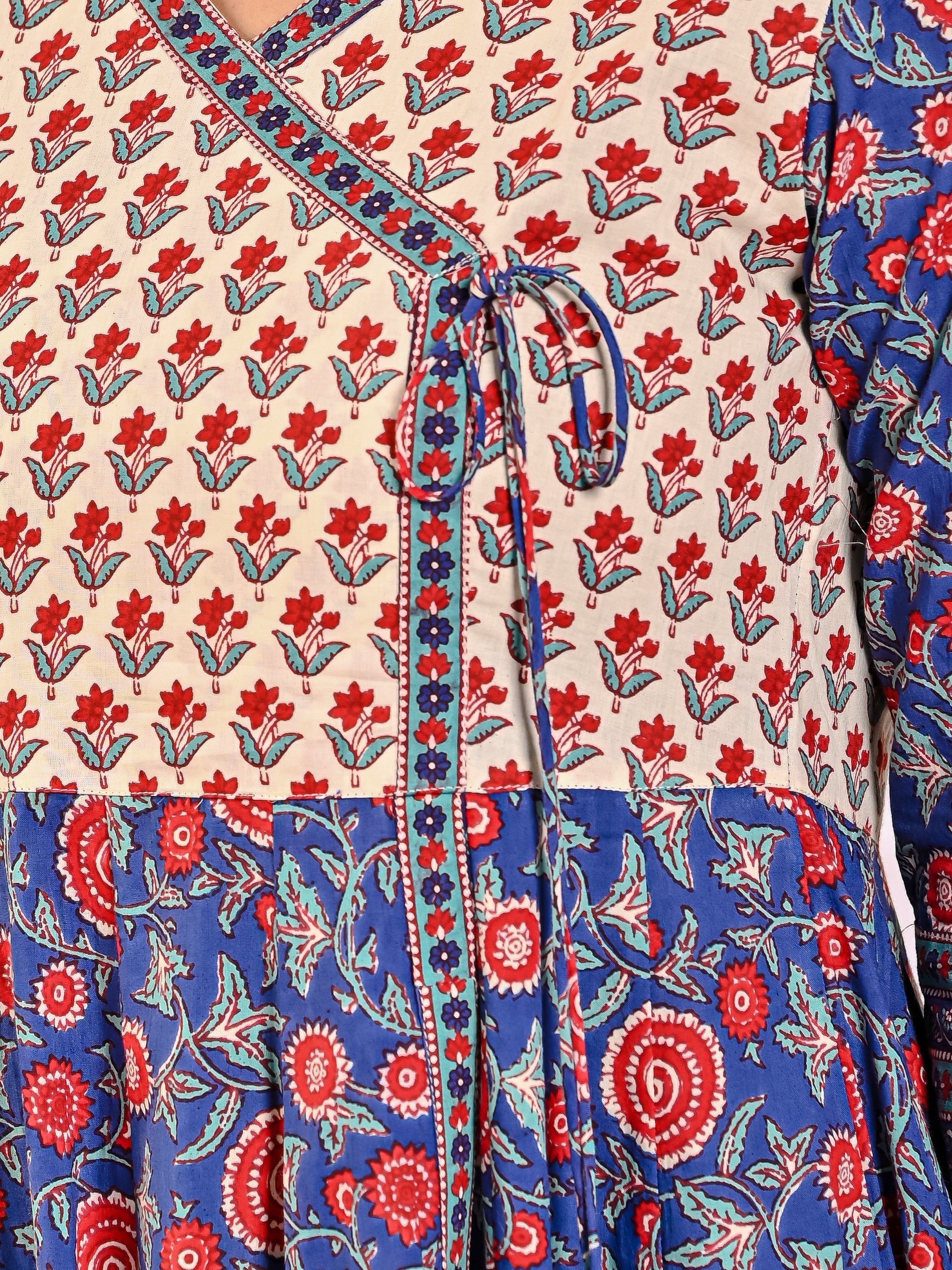 Blue Jaal Jaipuri Printed Long Angrakha Cotton Dress