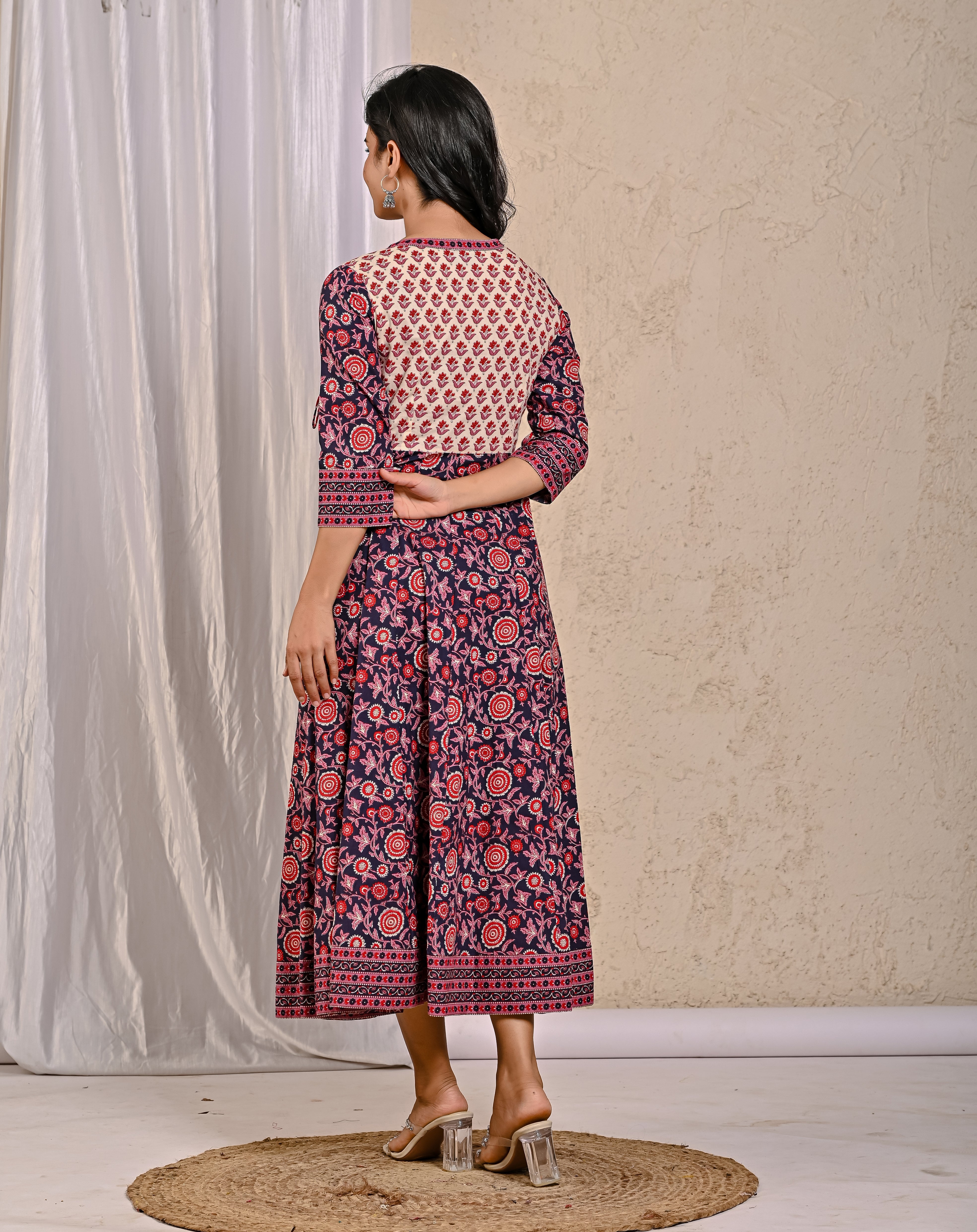 Navy Jaal Jaipuri Printed Long Angrakha Cotton Dress