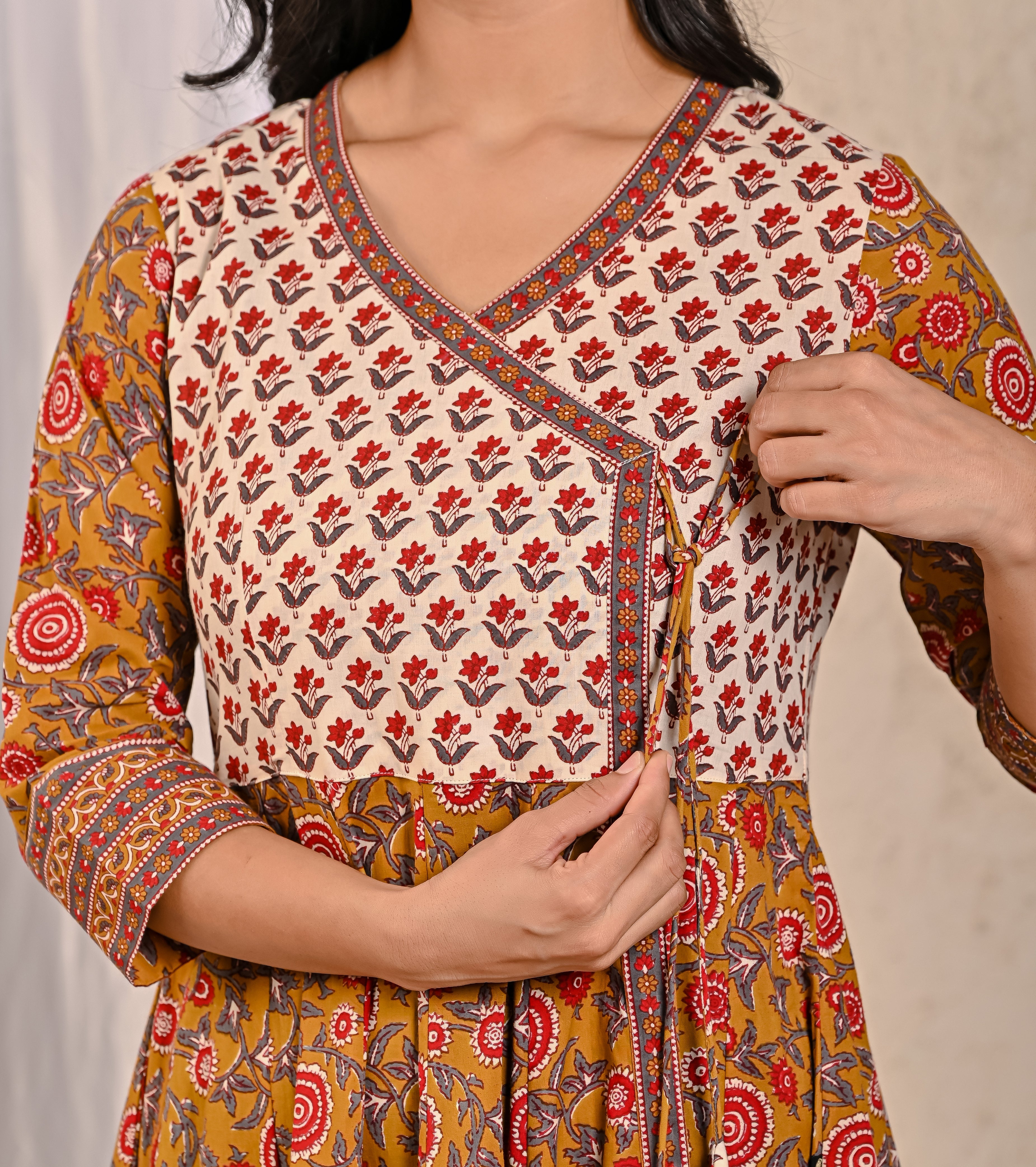 Mustard Jaal Jaipuri Printed Long Angrakha Cotton Dress