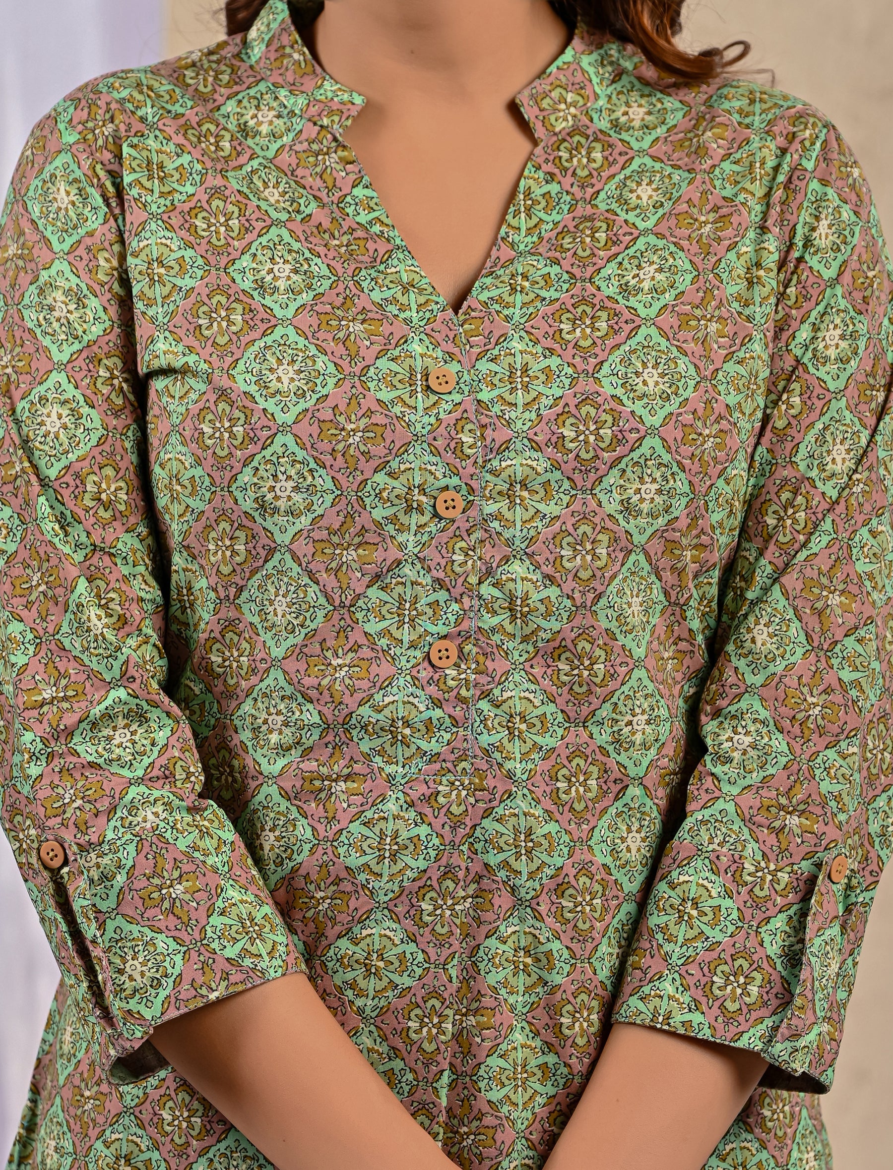 Green Block Printed Straight Kurti