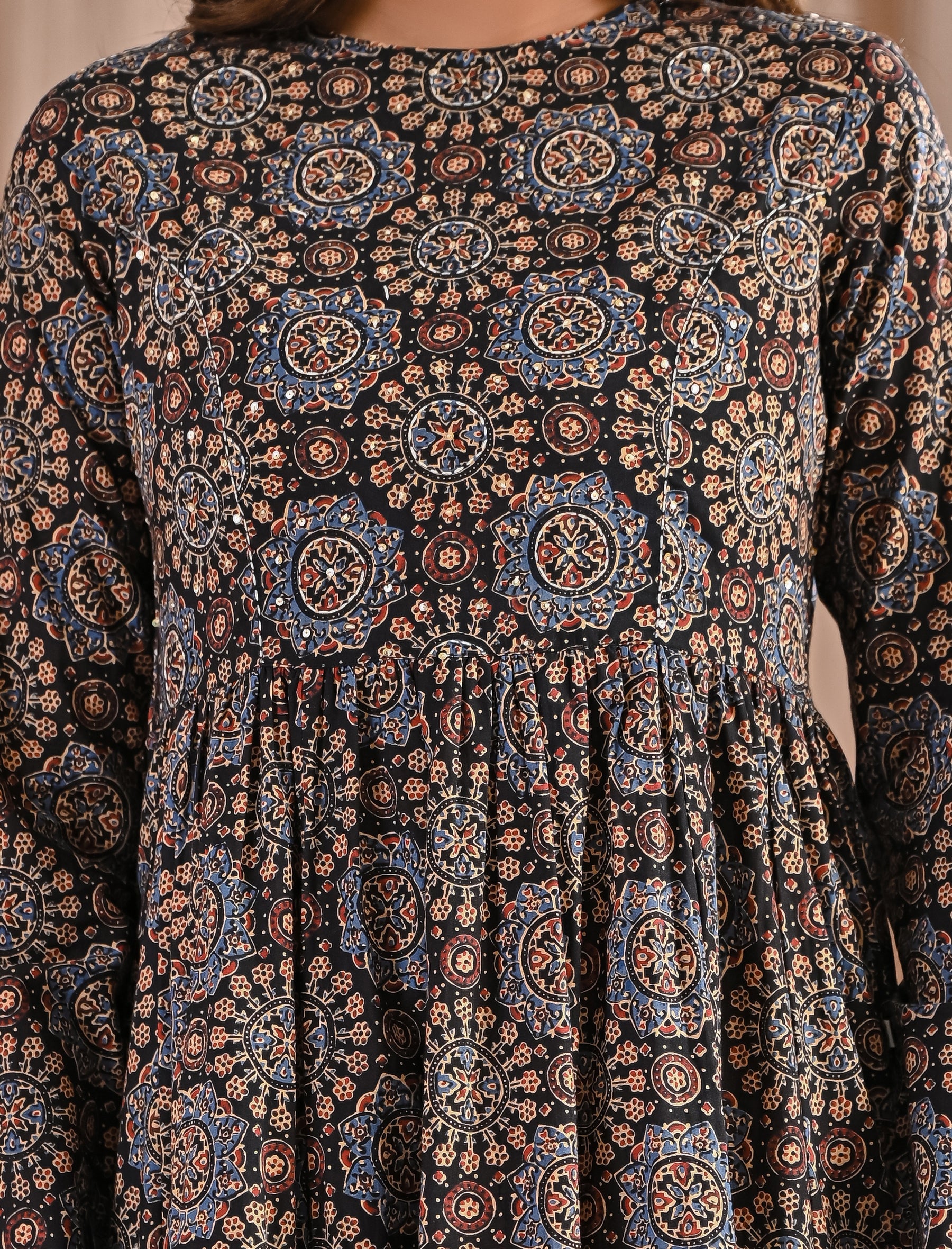 Hand Block Printed Black Cotton Anarkali Dress