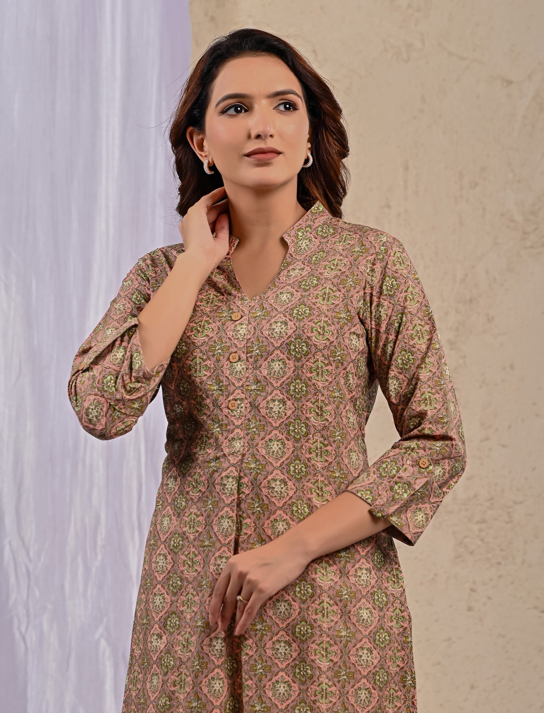 Peach Printed Straight Kurti