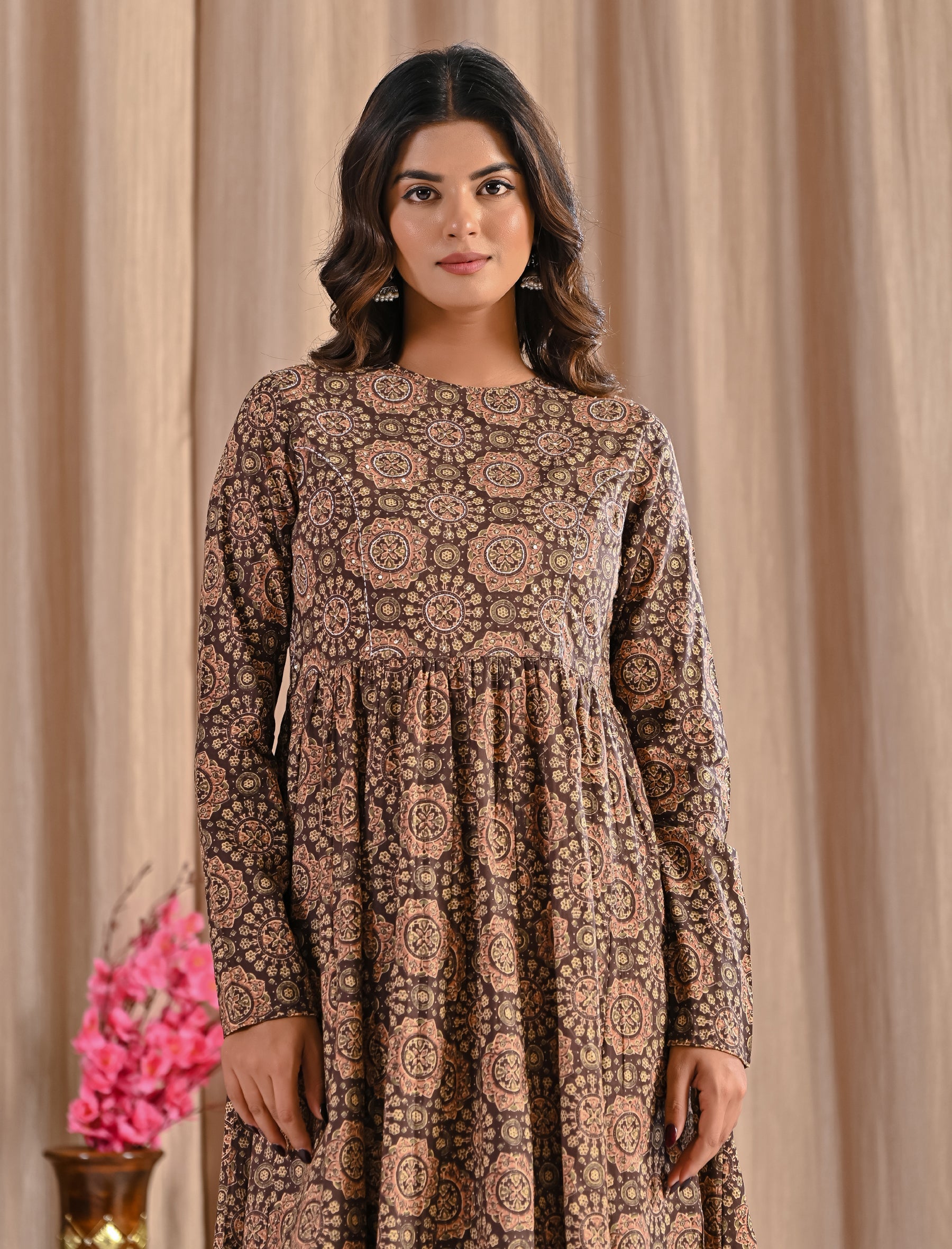 Hand Block Printed Brown Cotton Anarkali Dress