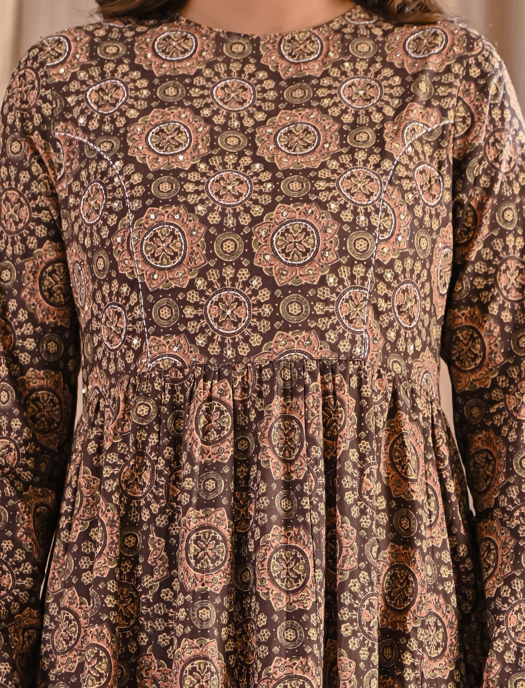 Hand Block Printed Brown Cotton Anarkali Dress