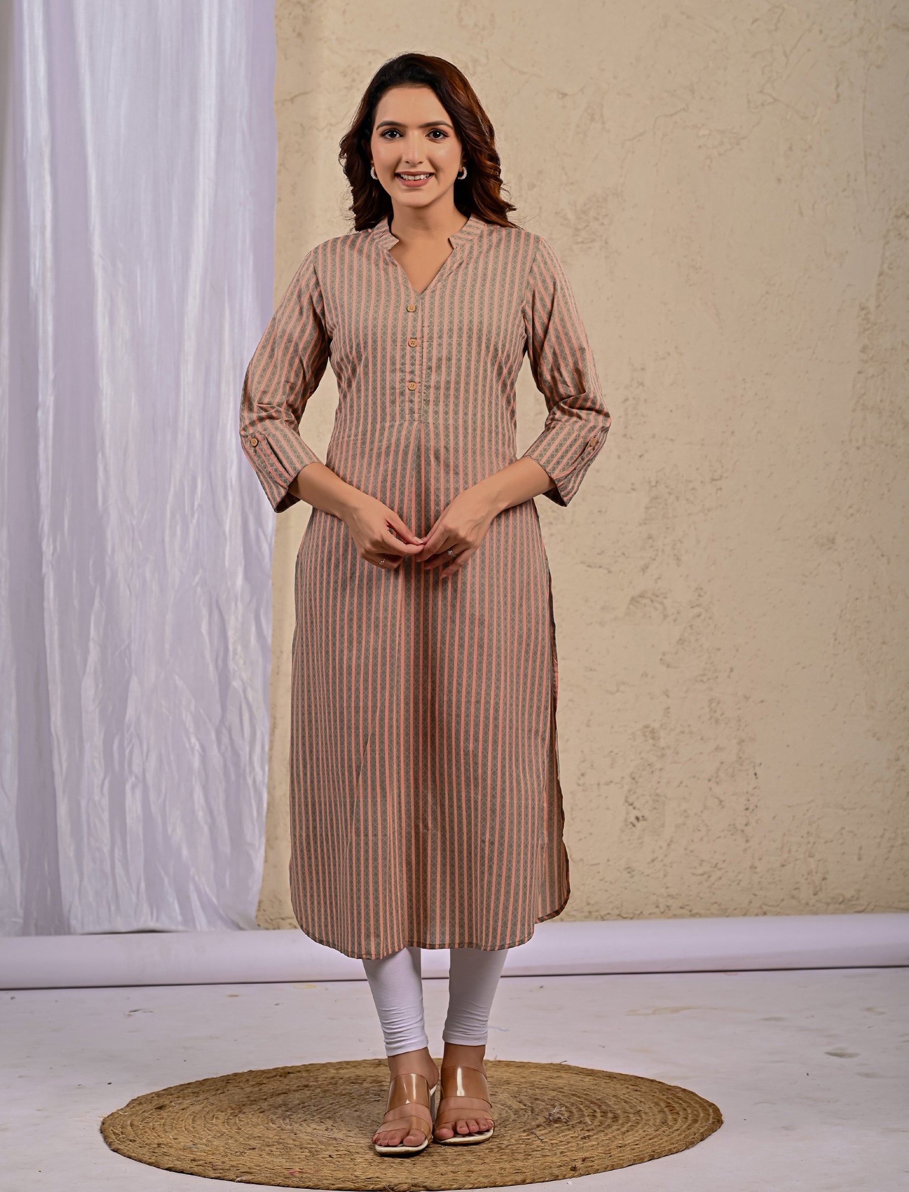 Peach Stripe Printed Straight Kurti